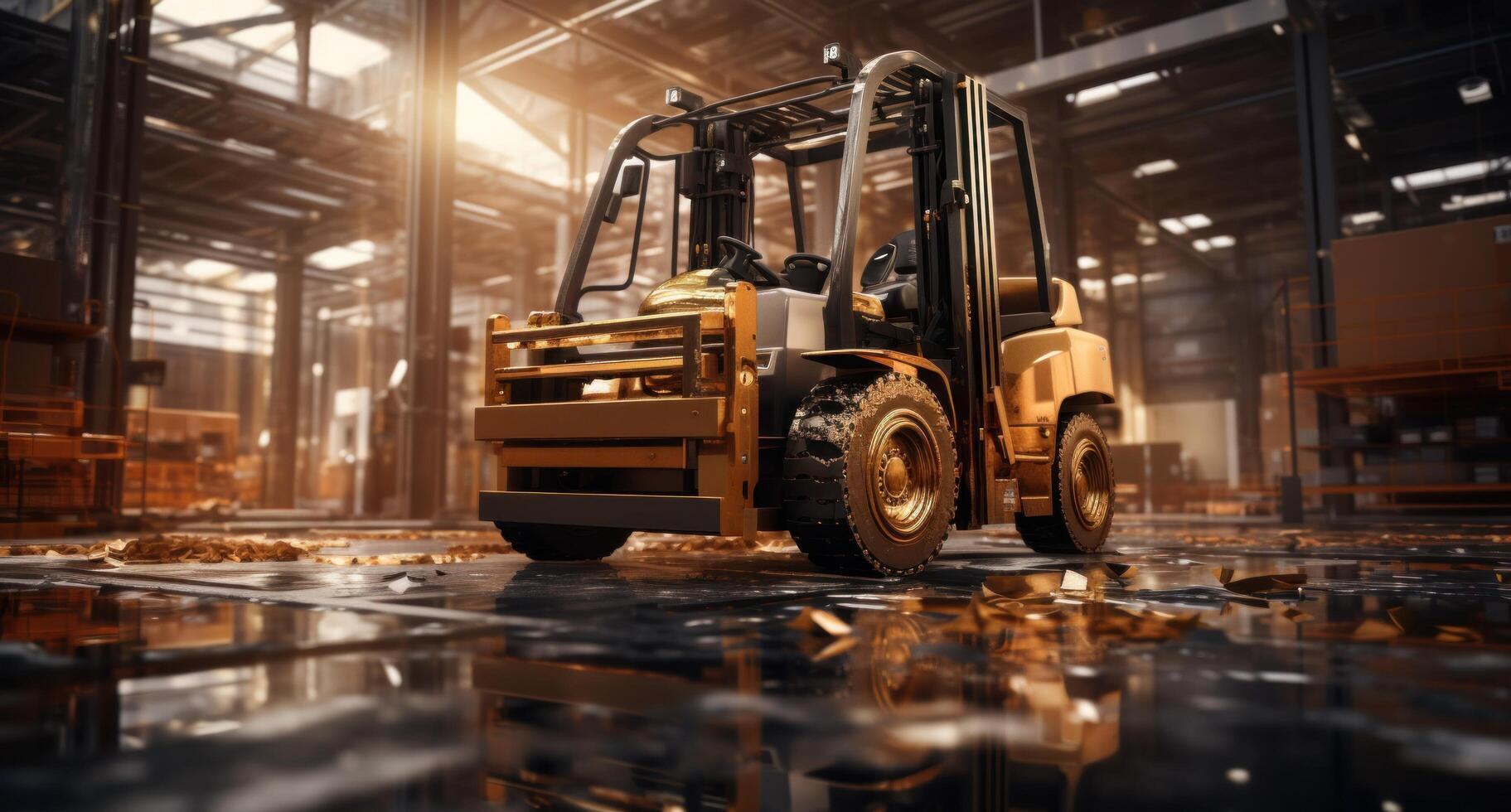 AI generated forklift in a warehouse moving forward against the blurred background of large buildings photo