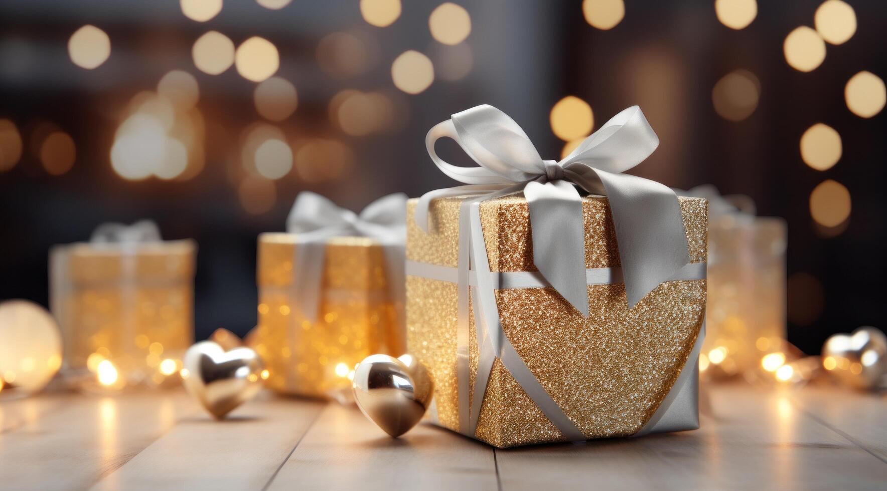 AI generated gift box set with heart shape with gold ribbon sitting on table with beautiful bokeh photo