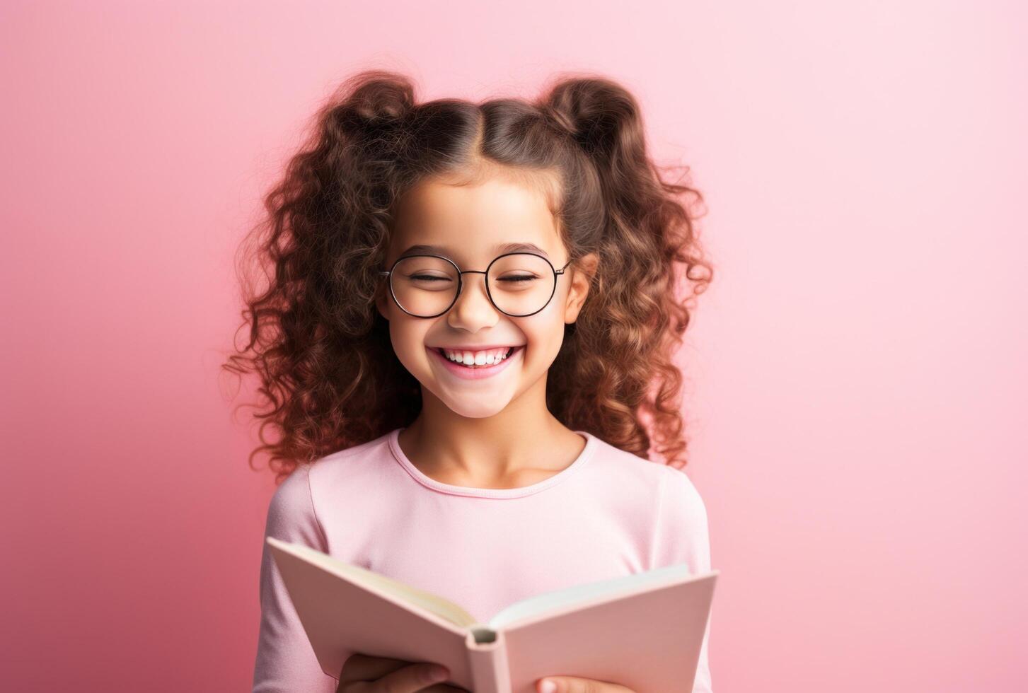 AI generated girl holding a book as she smiles with her glasses girl photo