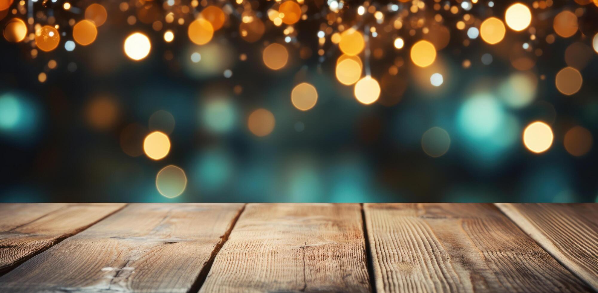 AI generated gold lights on a wooden background with wooden table as part of a holiday greeting photo