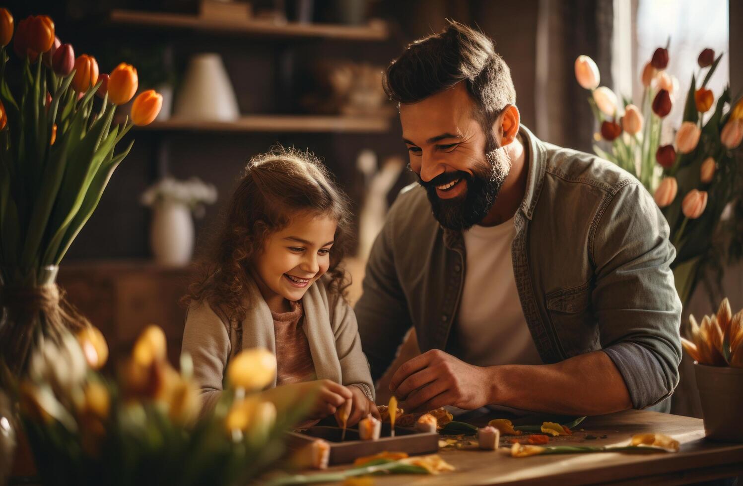 ai generado padre y hija elaboración Pascua de Resurrección huevos foto