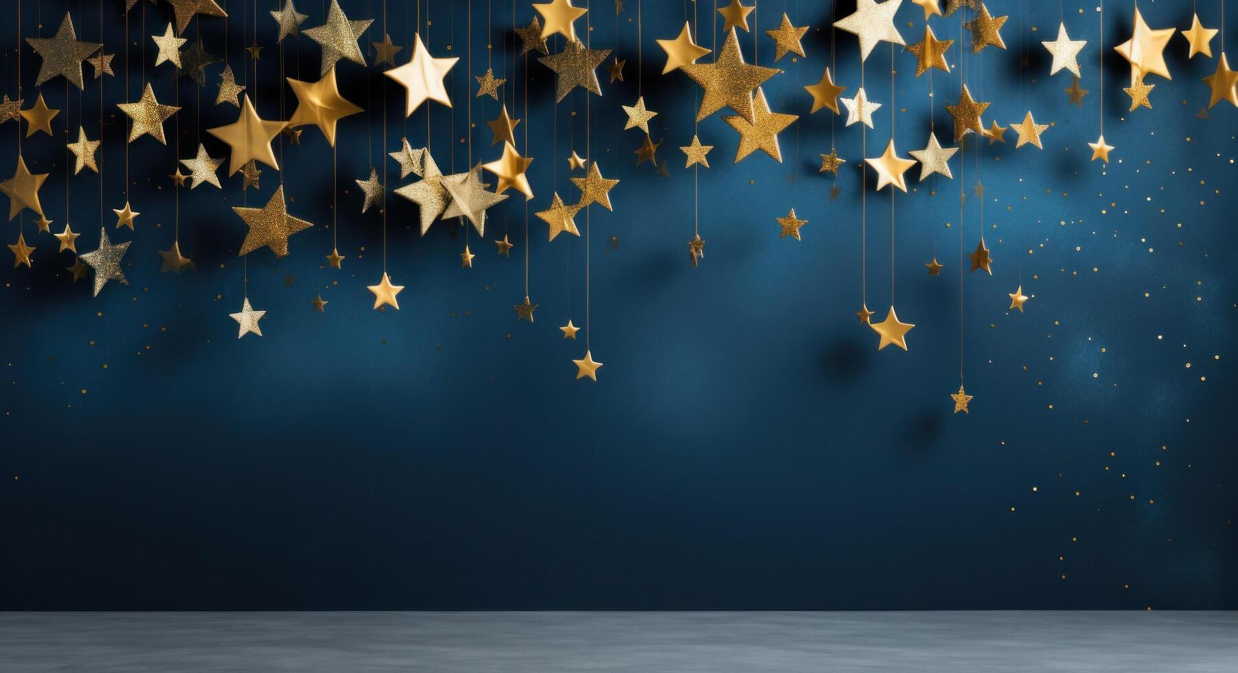 AI generated golden stars flying down on a blue background photo