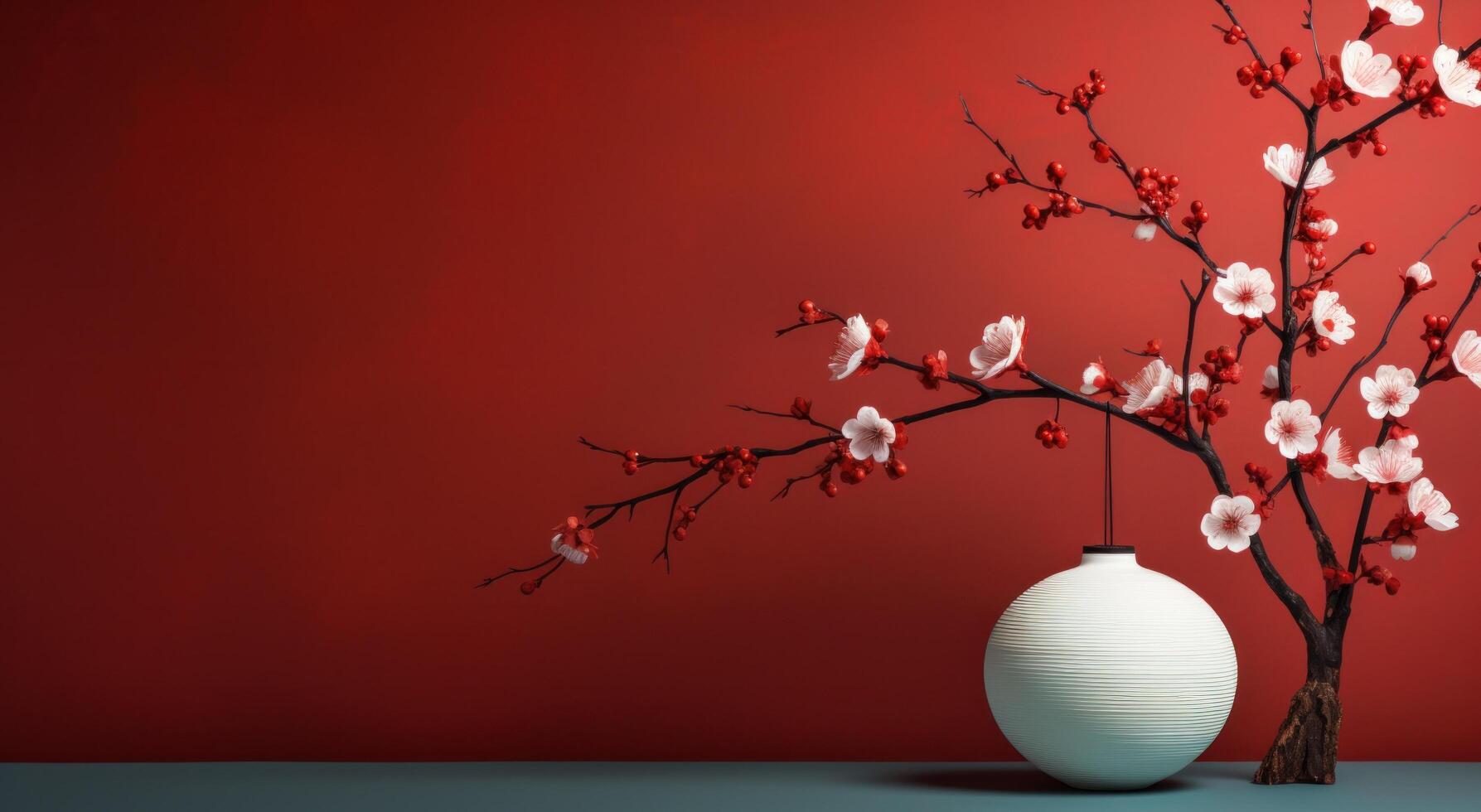 AI generated paper flower, white lantern and red wall photo