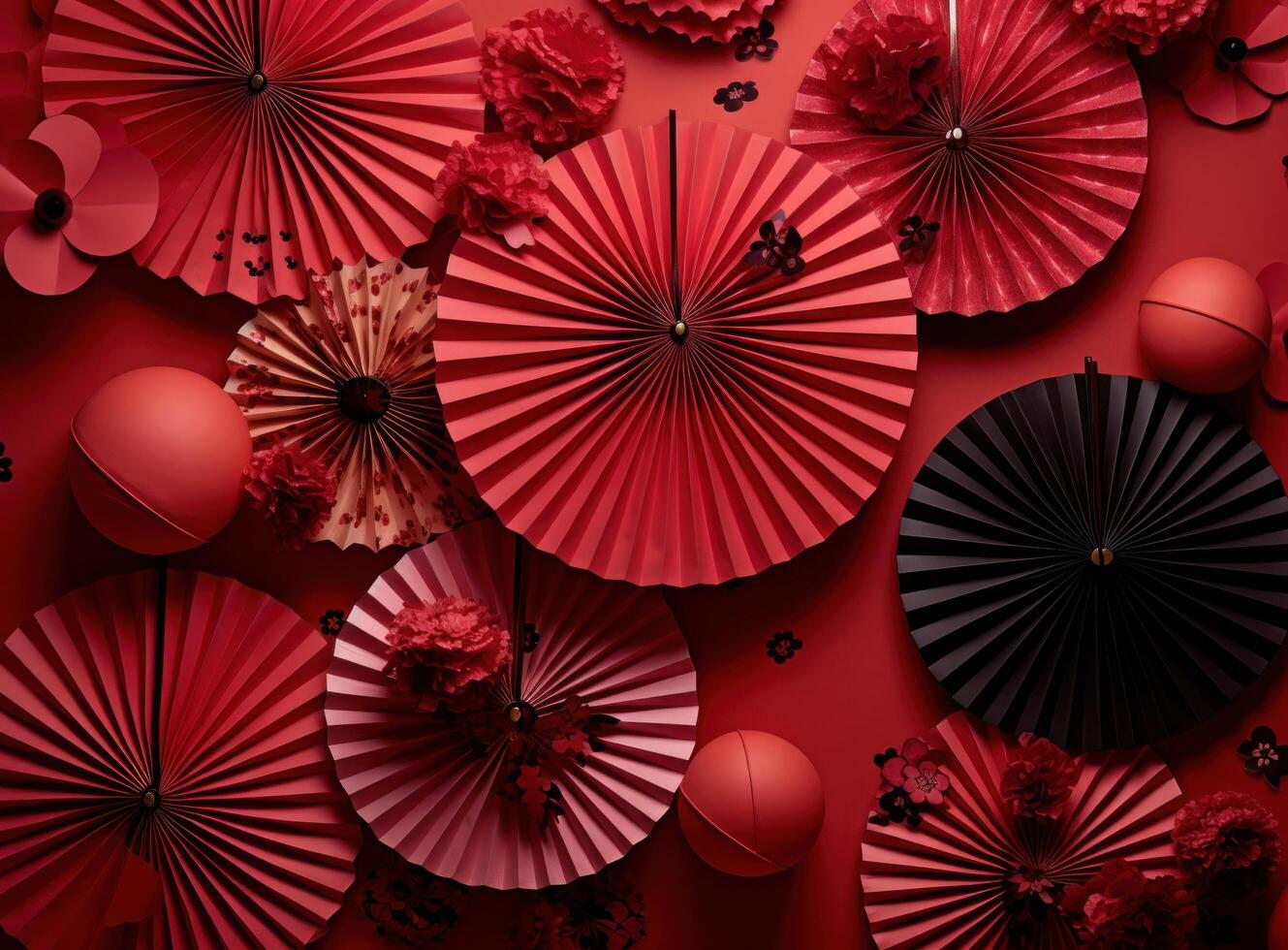 AI generated paper fans and lanterns in the colors of chinese new year photo
