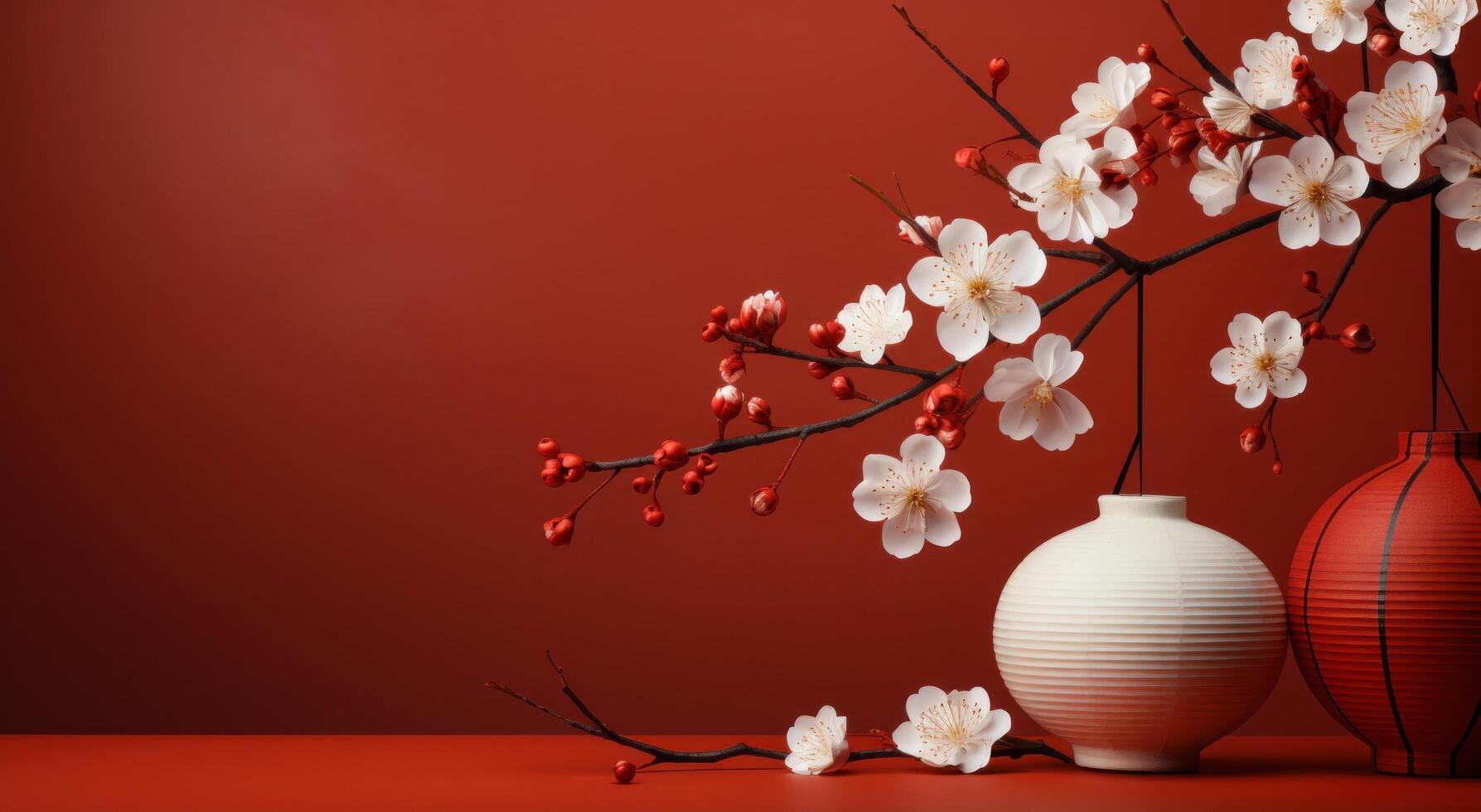 AI generated paper flower, white lantern and red wall photo