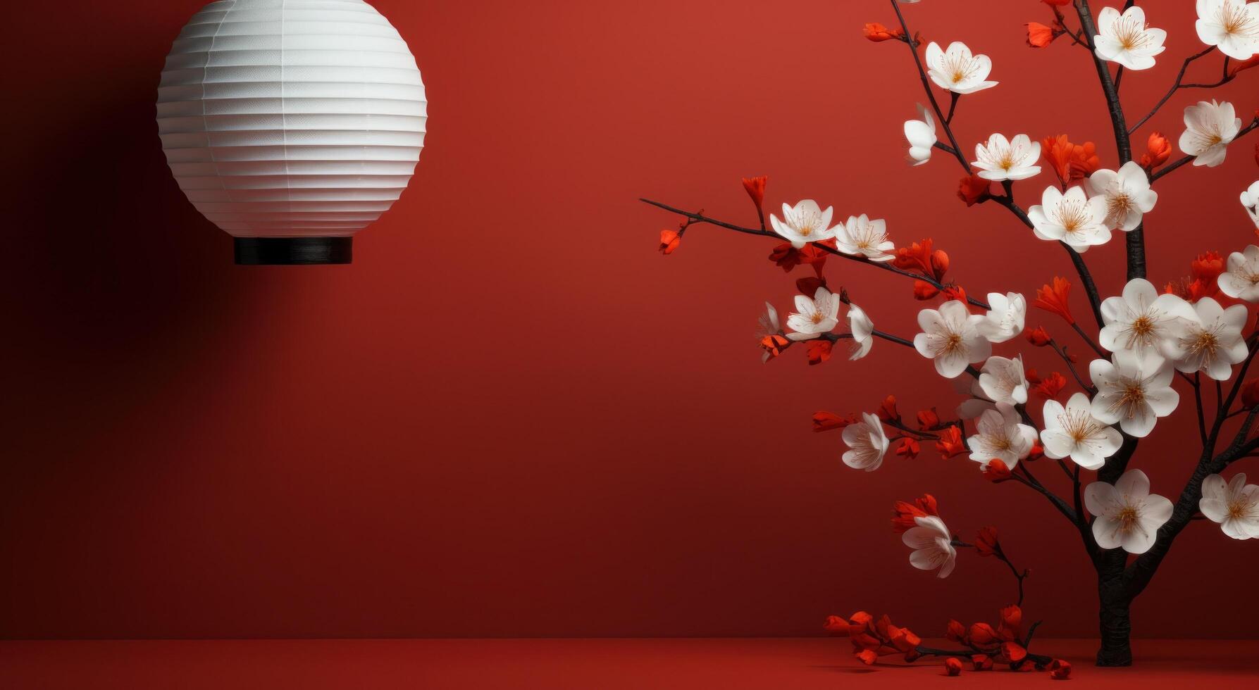 AI generated paper flower, white lantern and red wall photo