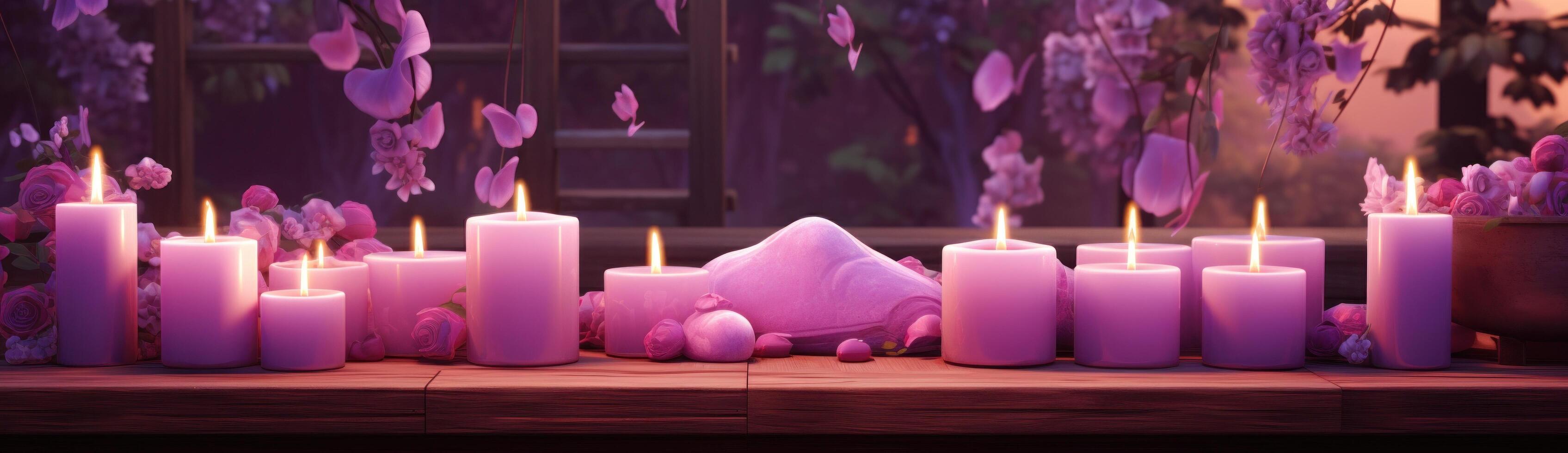 AI generated purple candles are placed on a wooden table photo