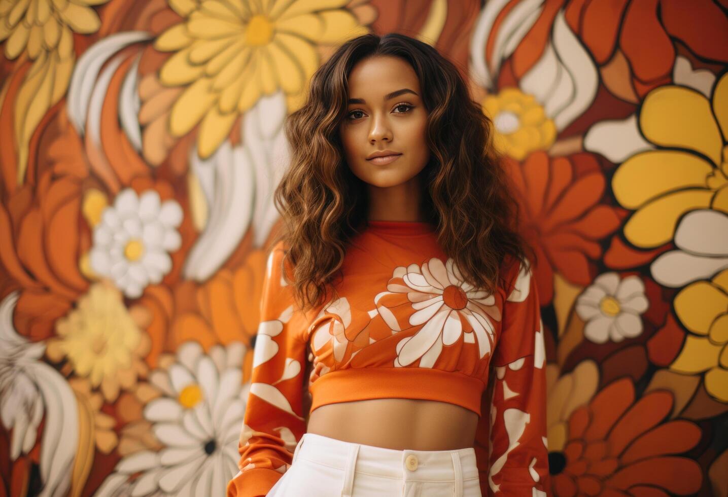 AI generated girl in floral print top and red pants on an orange background, photo