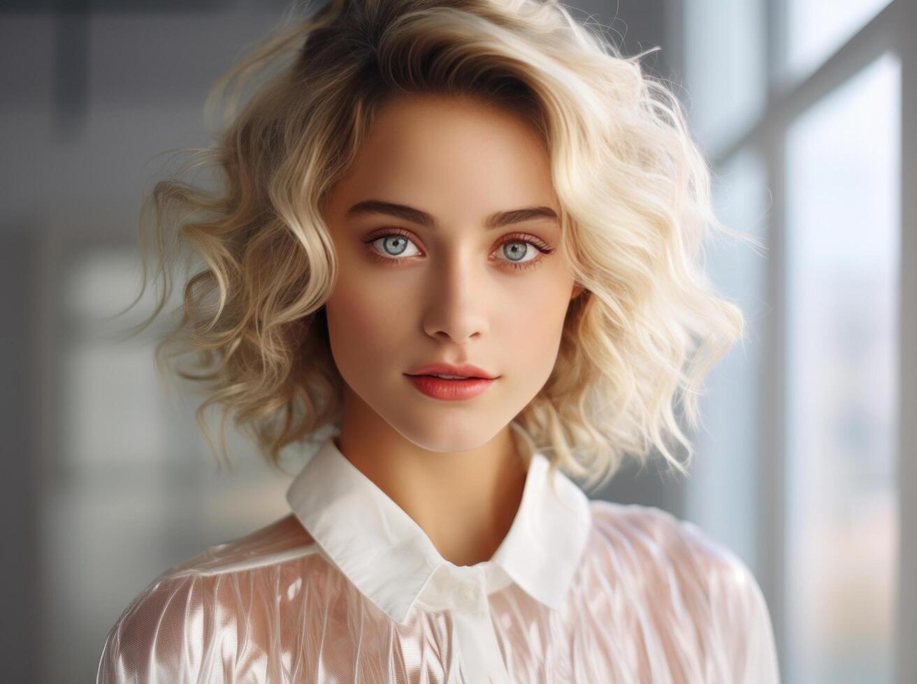 AI generated young woman on whire photo