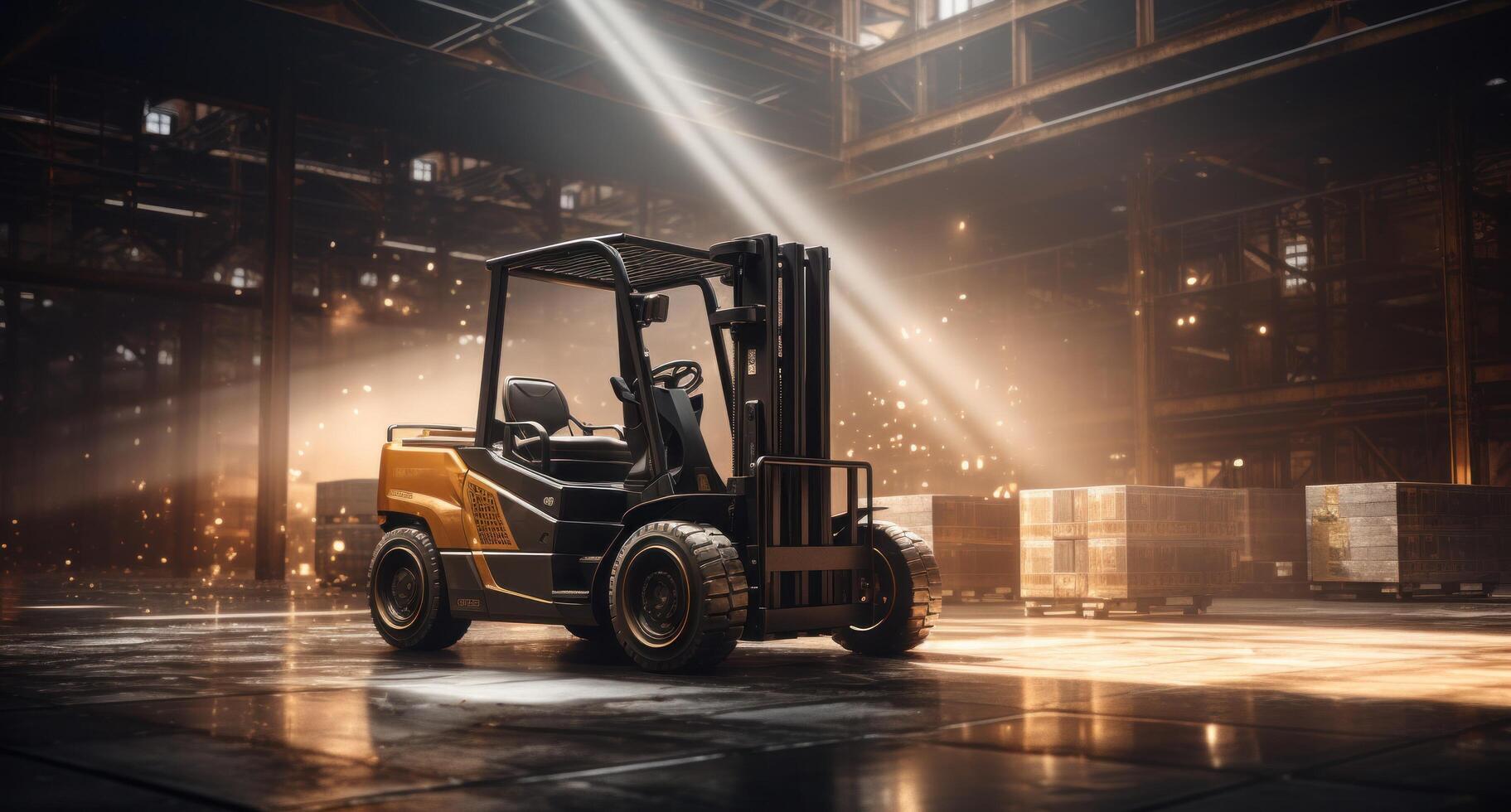 AI generated heavy lift forklift driving in warehouse with sun rays in light photo