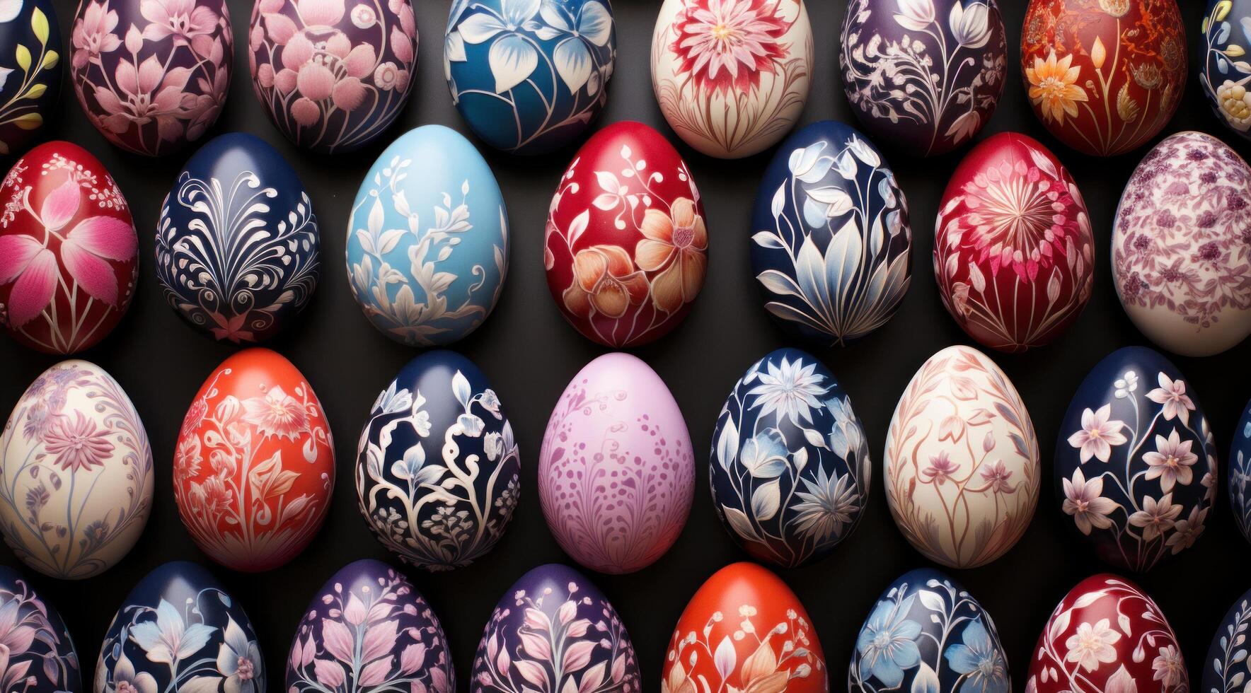 AI generated hundreds of painted easter eggs lined up, background picture photo