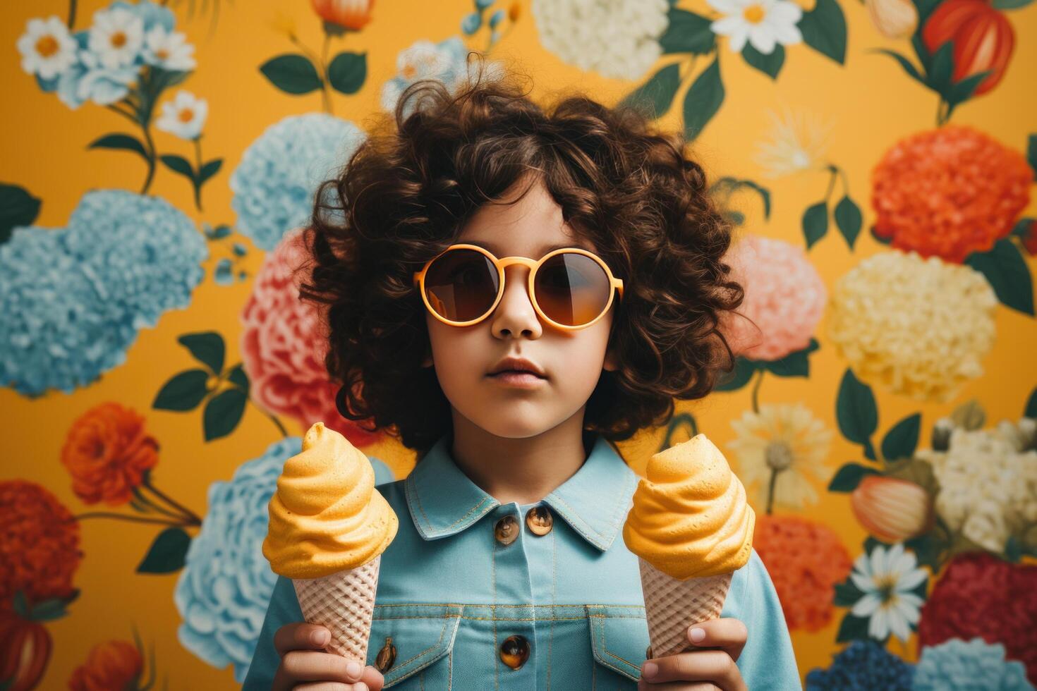 ai generado pequeño niña en Gafas de sol comiendo hielo crema foto