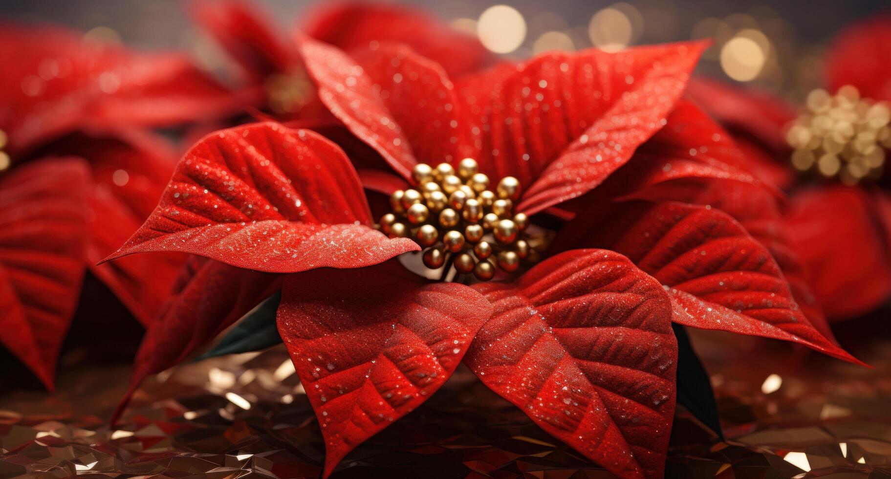 AI generated more christmas poinsettias on christmas tree background photo