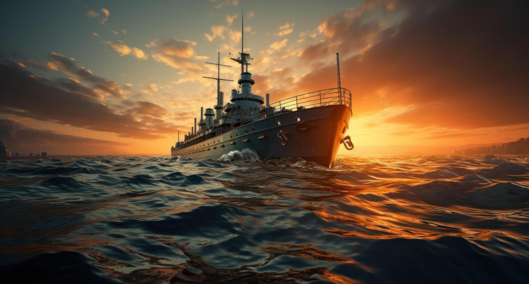 AI generated marine submarine in the water, sunset photo