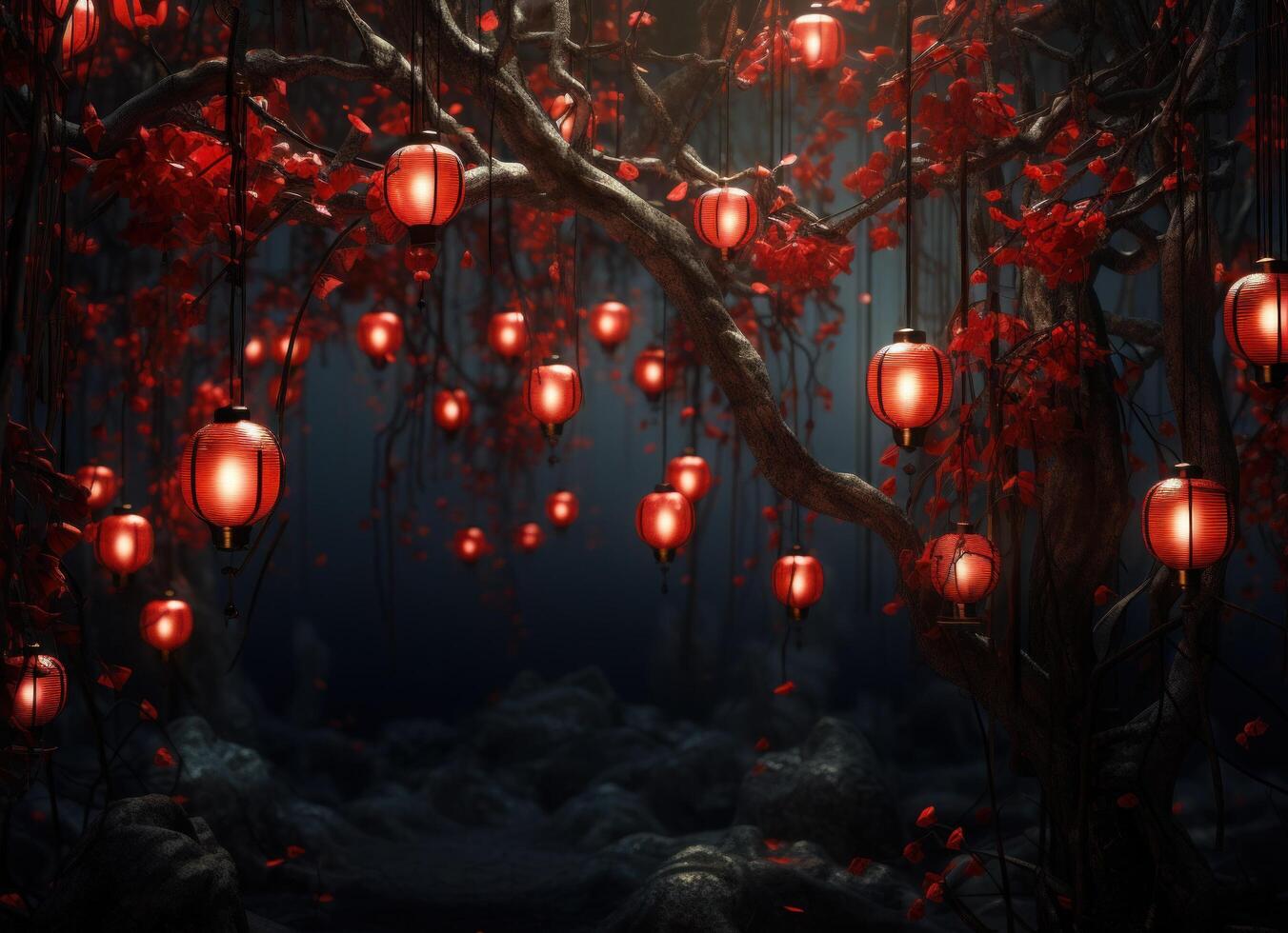 AI generated many red chinese lanterns hanging from tree branches photo