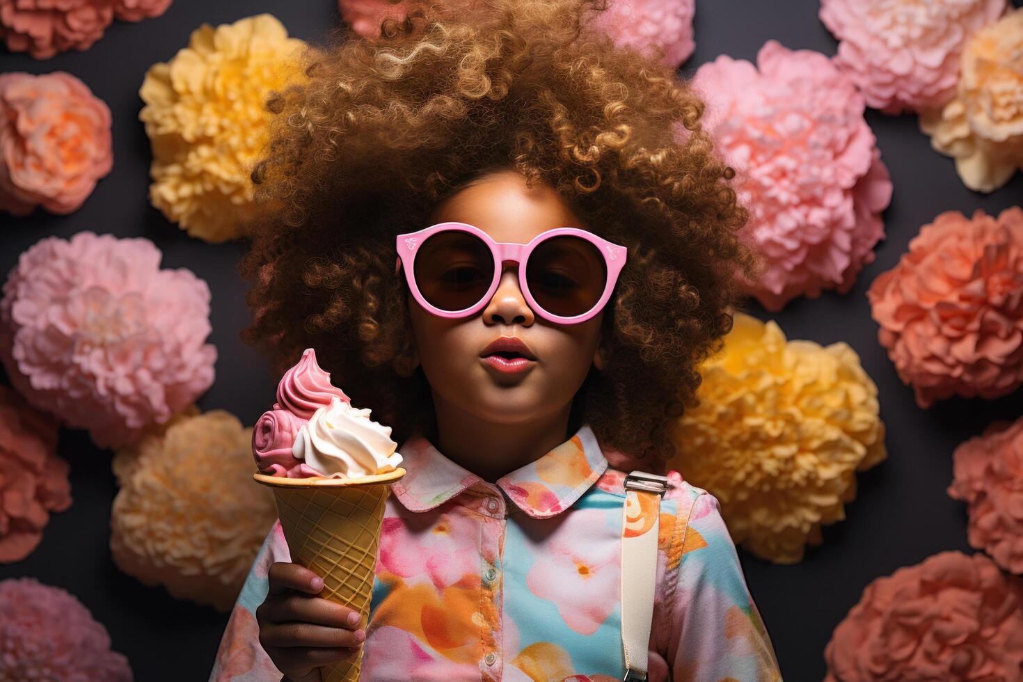 ai generado pequeño niña en Gafas de sol comiendo hielo crema foto