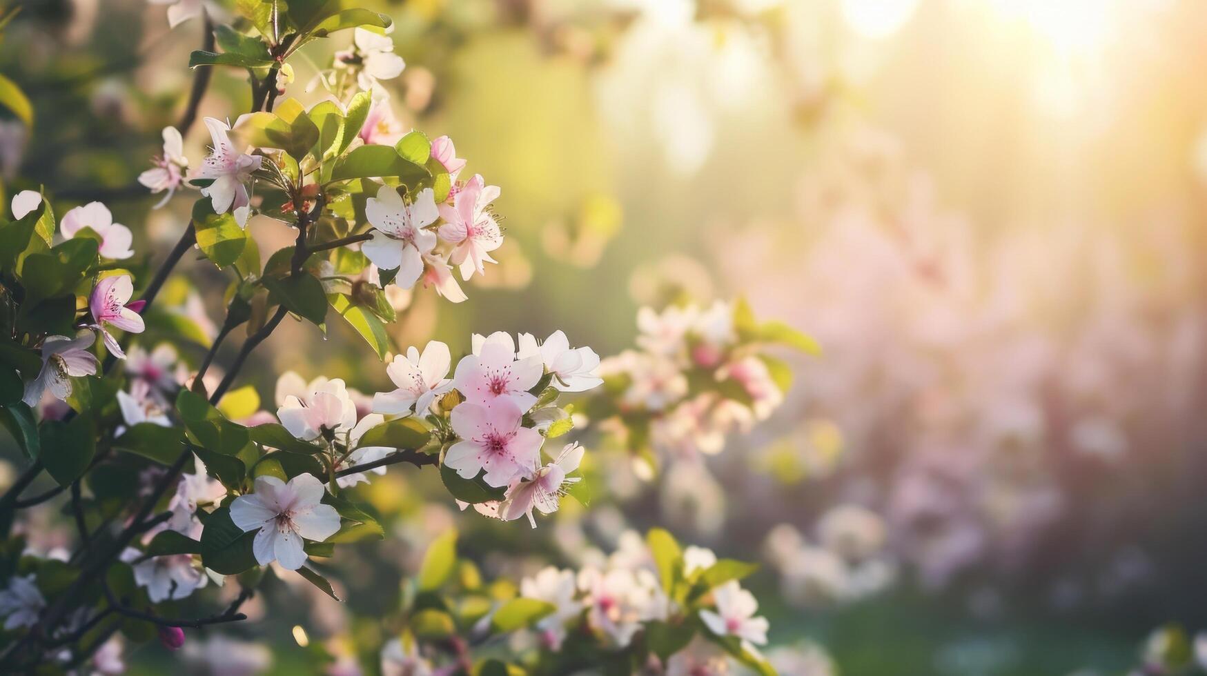 ai generado Mañana antecedentes con flores, suave luz de sol foto
