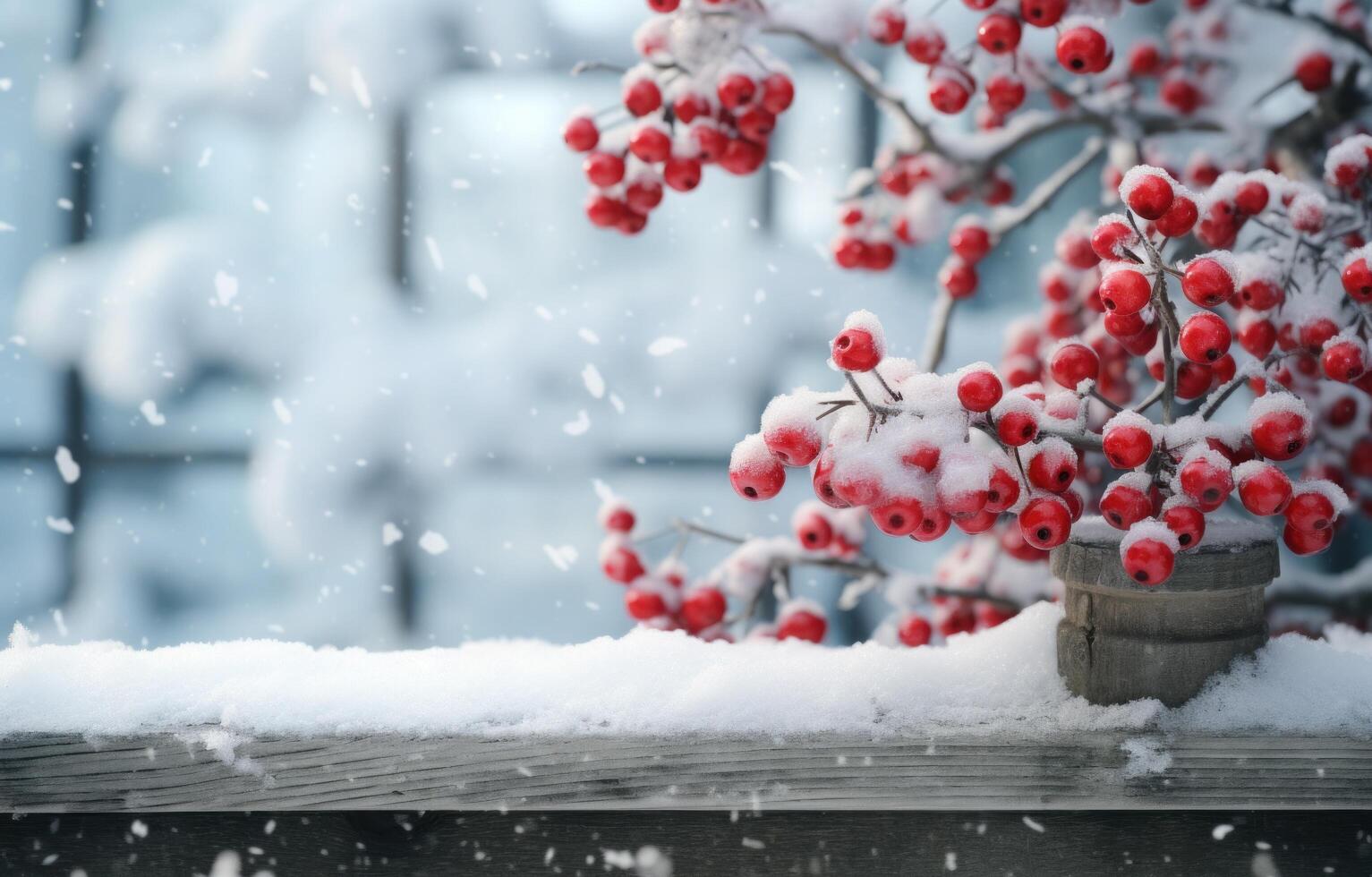 AI generated red berries in the snow on the wooden background photo