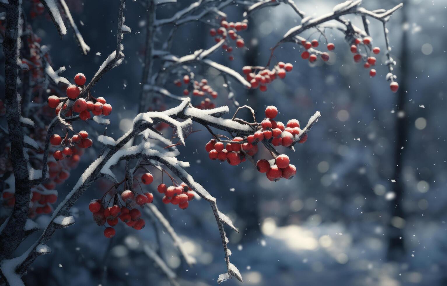 AI generated red berries in the snow on the wooden background photo