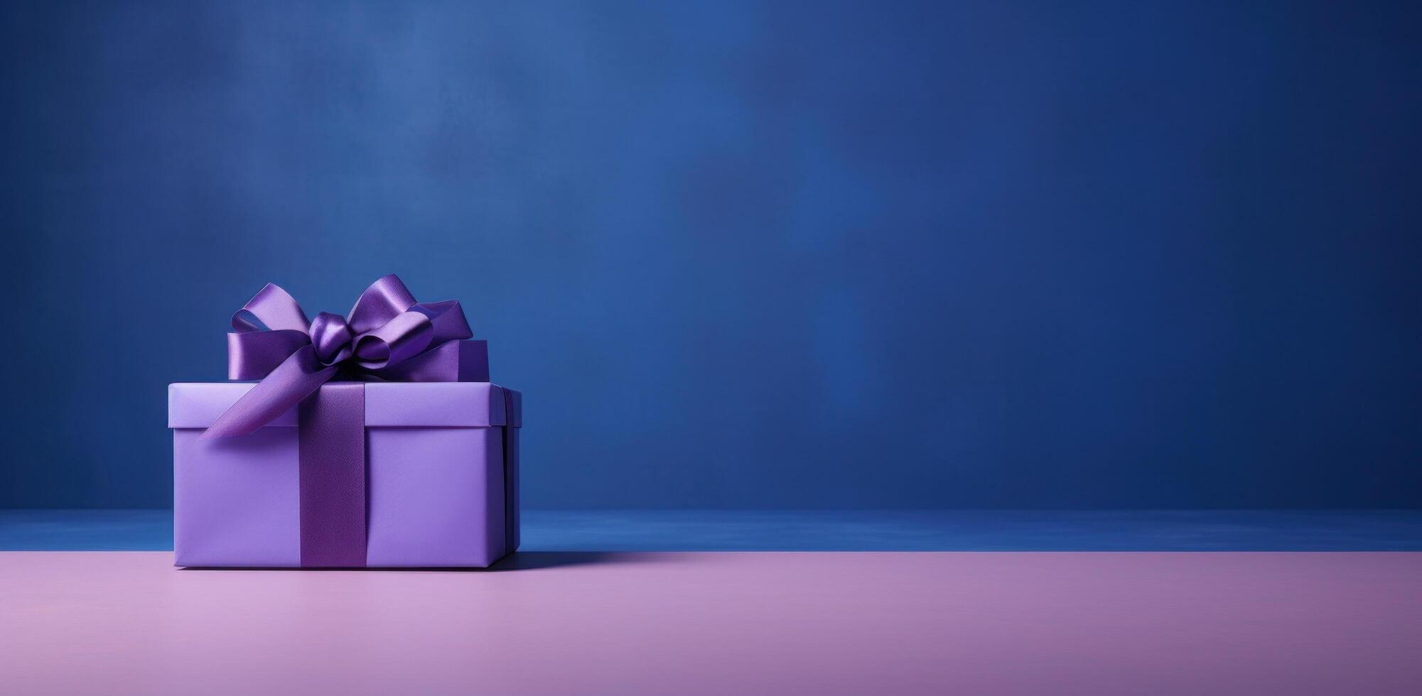 AI generated purple present box on a table with dark purple wall photo