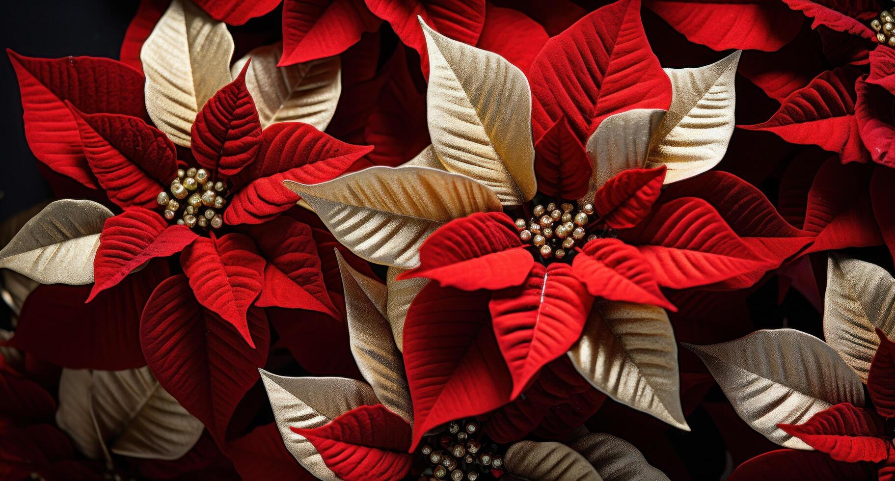 AI generated more christmas poinsettias on christmas tree background photo