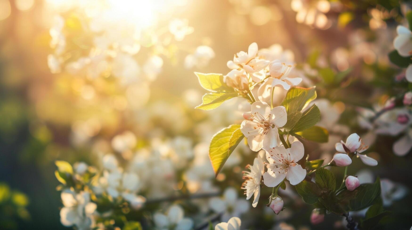 ai generado Mañana antecedentes con flores, suave luz de sol foto