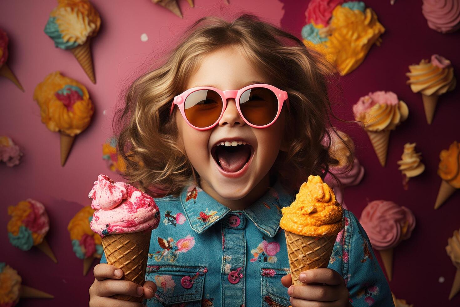 ai generado pequeño niña en Gafas de sol comiendo hielo crema foto