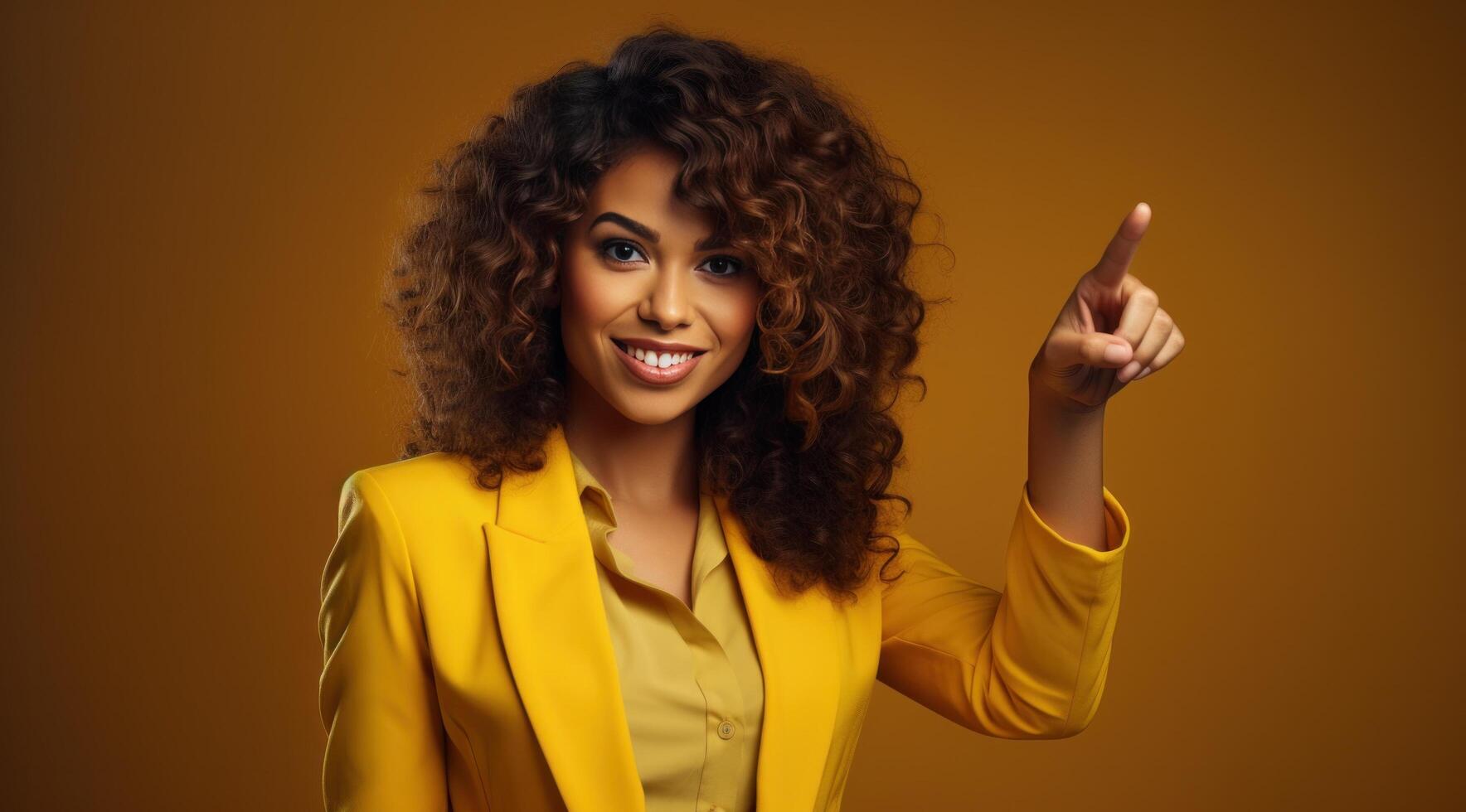 AI generated professional female businesswoman pointing at what she does while pointing photo