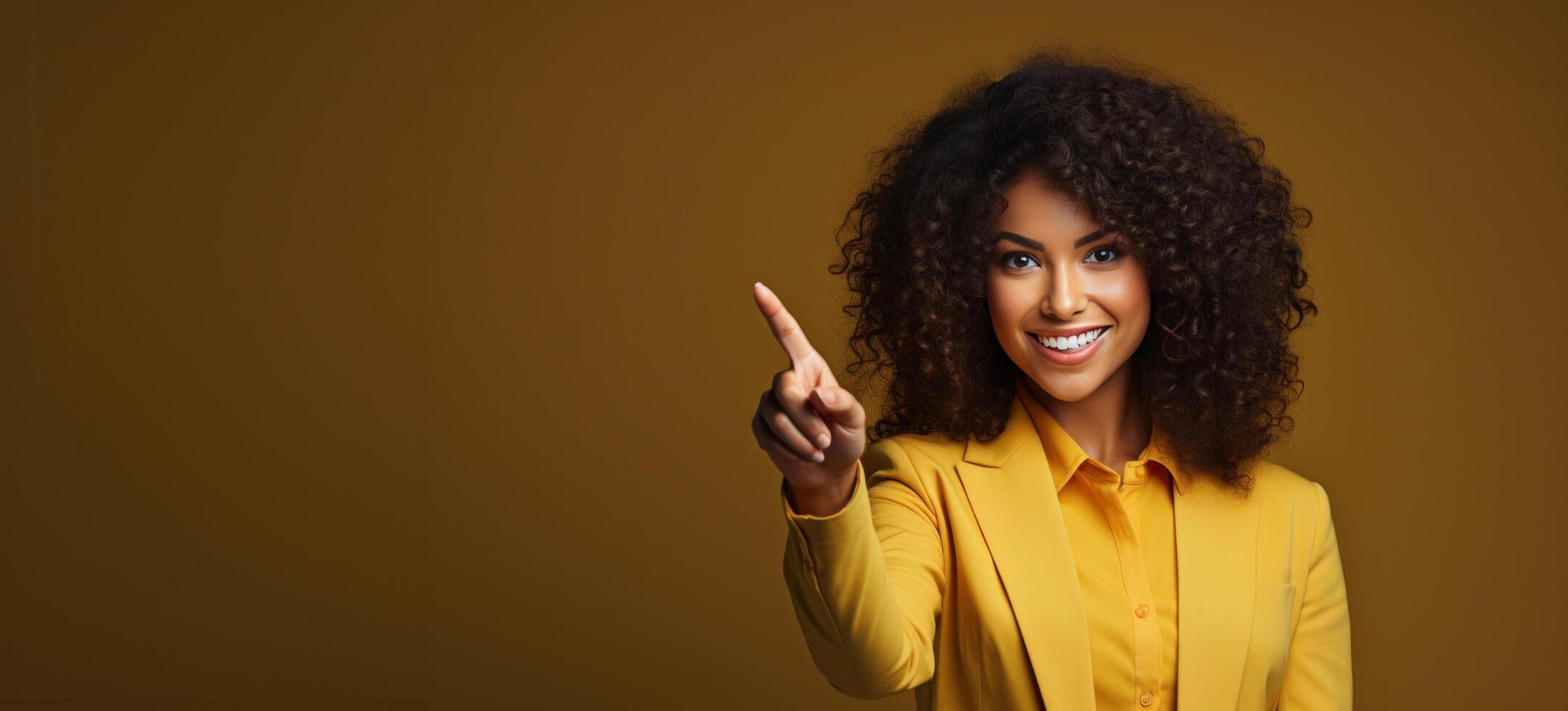AI generated professional female businesswoman pointing at what she does while pointing photo