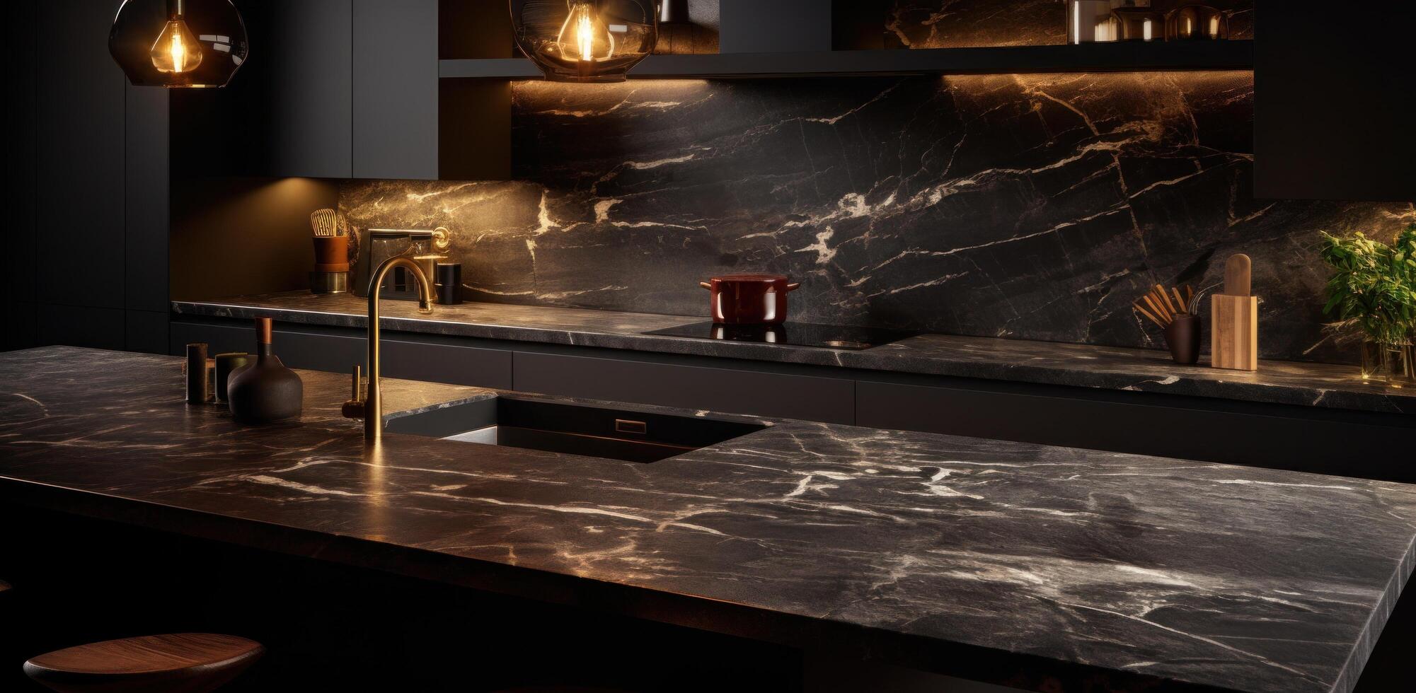 AI generated polished black marble countertop with pendant lighting in a classic modern kitchen photo