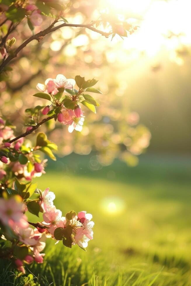 ai generado Mañana antecedentes con flores, suave luz de sol foto