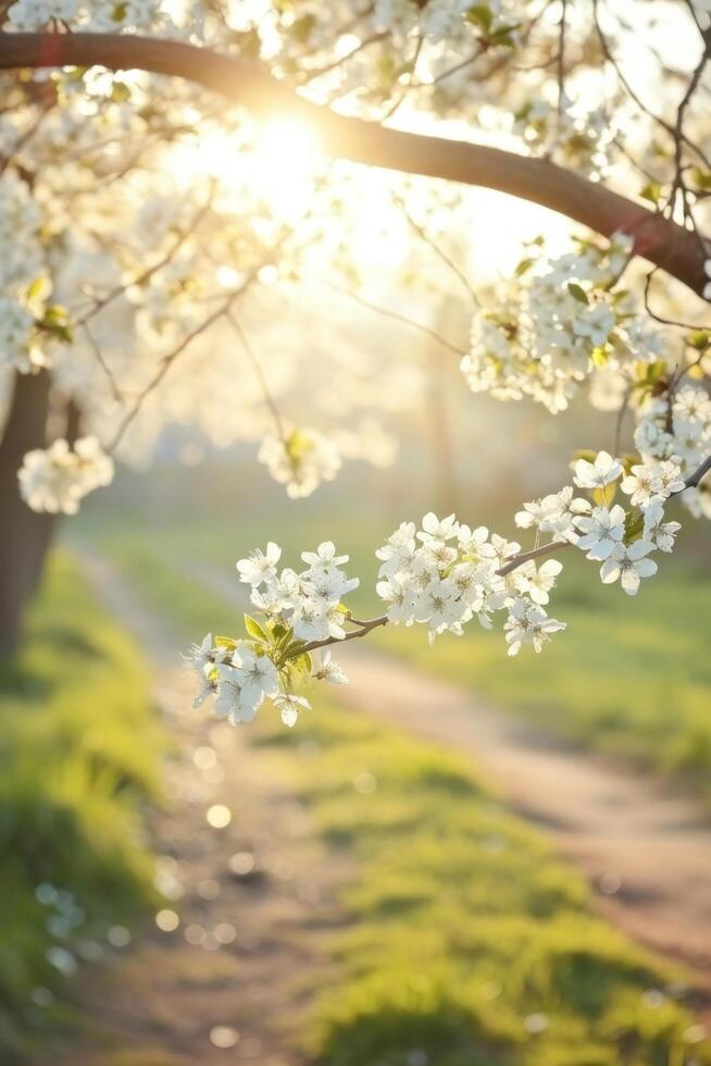 AI generated Morning background with blossoms, soft sunlight photo