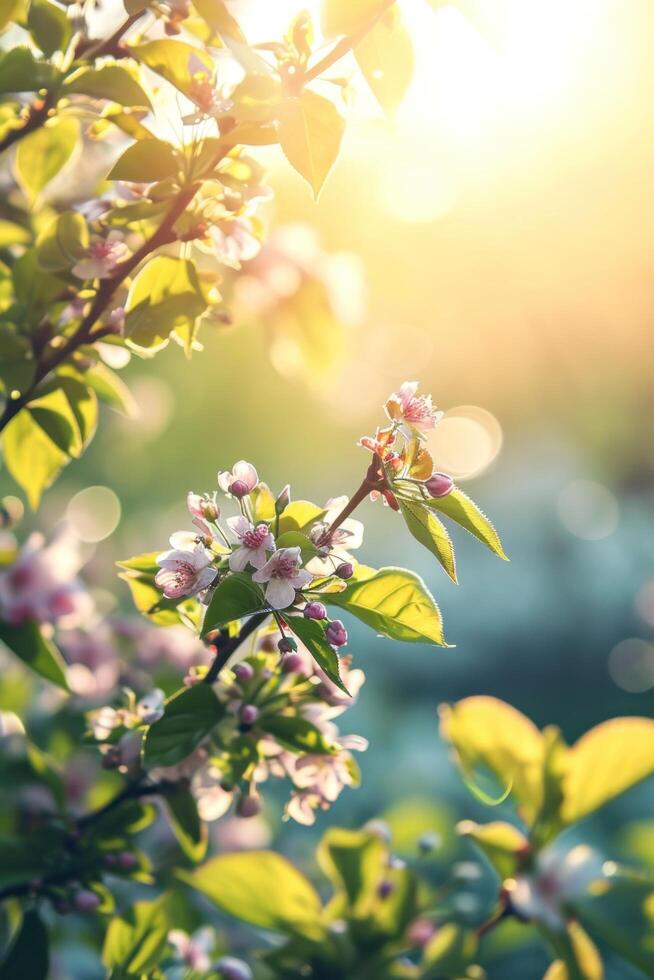 ai generado Mañana antecedentes con flores, suave luz de sol foto