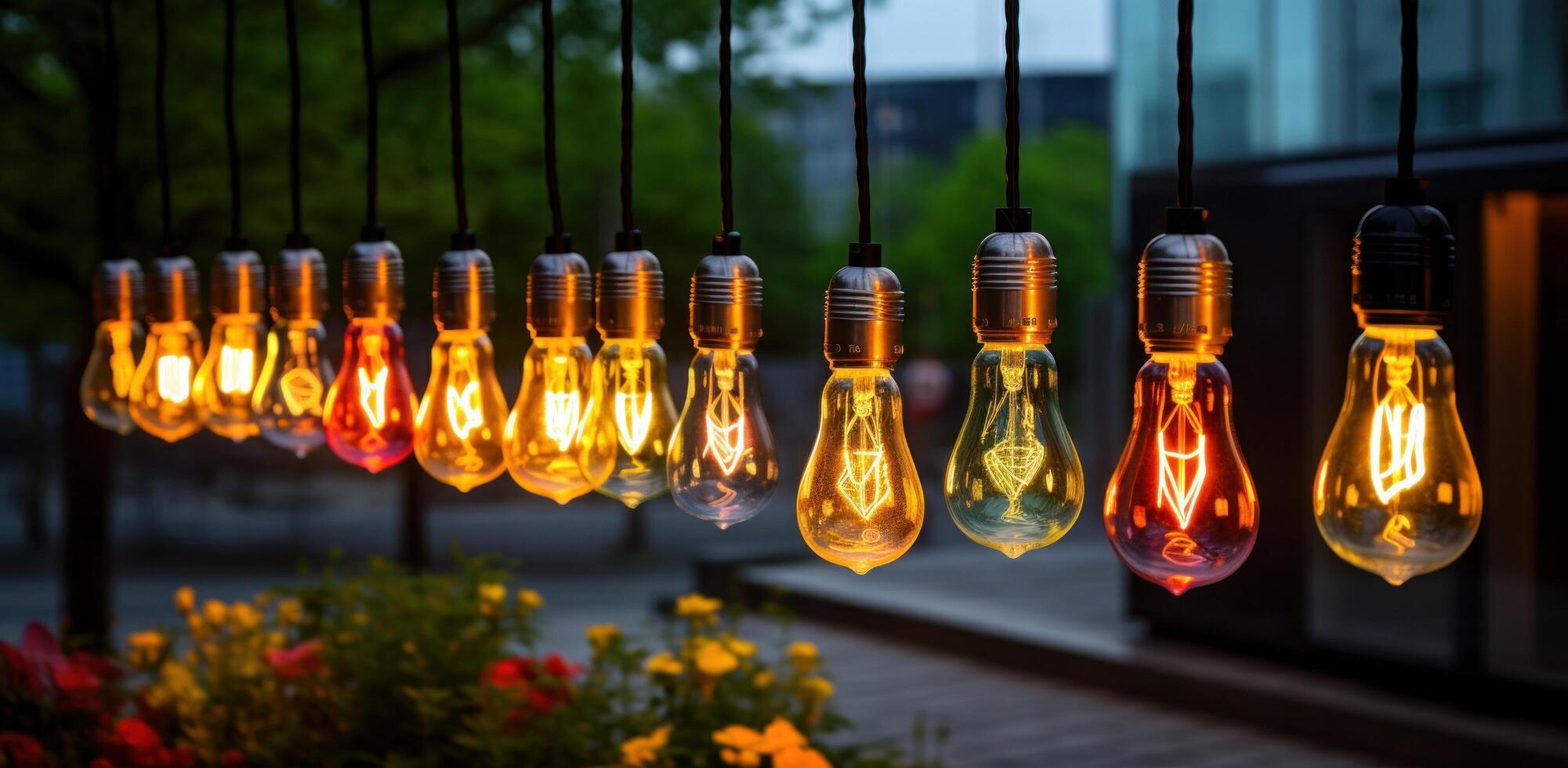 AI generated outdoor lighting fixtures with colored light bulbs photo