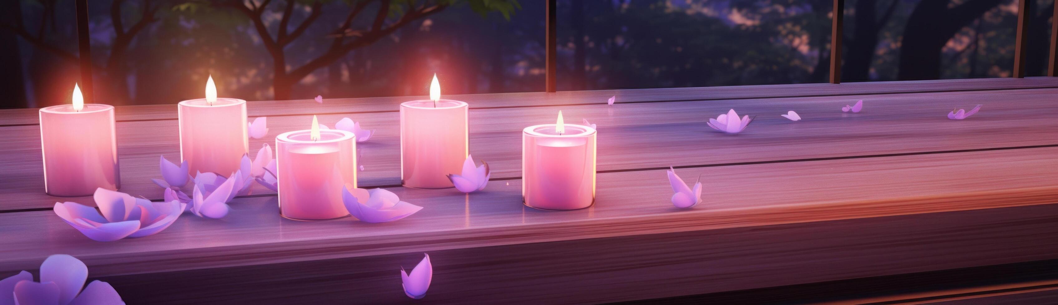 AI generated purple candles are placed on a wooden table photo