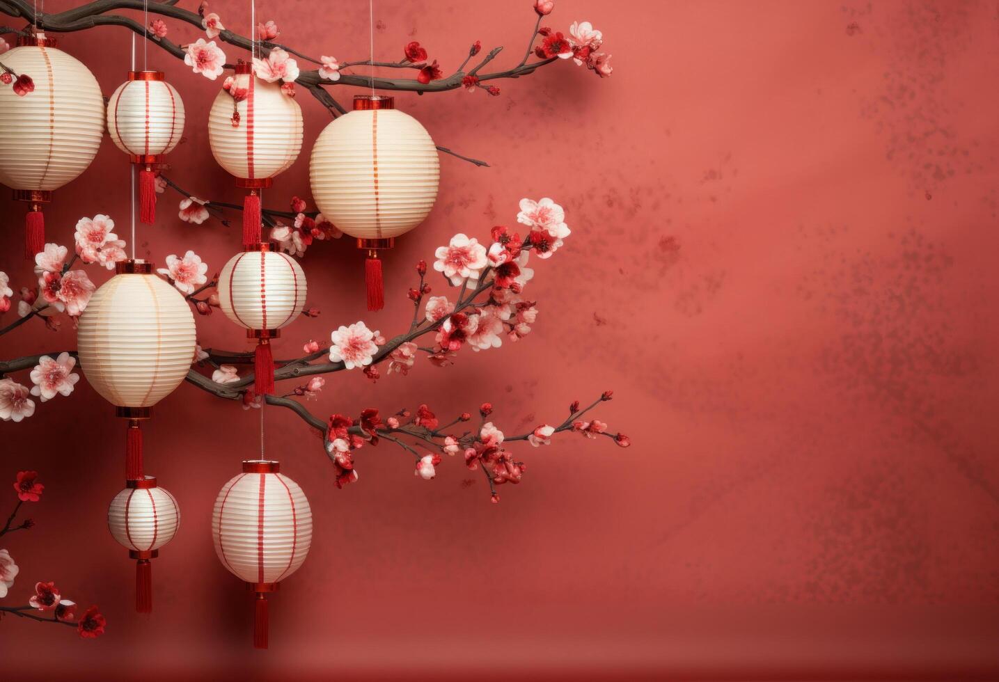 AI generated red background with china paper lanterns and cherry blossoms photo