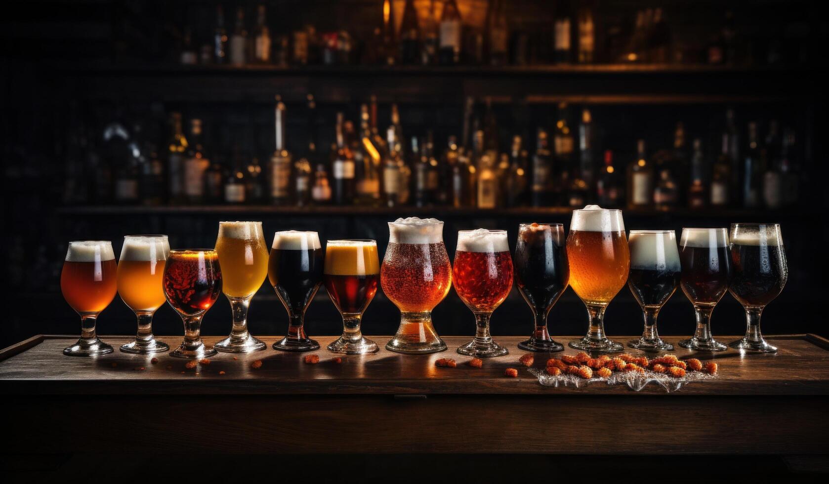 AI generated several types of beer are lined up on a table photo