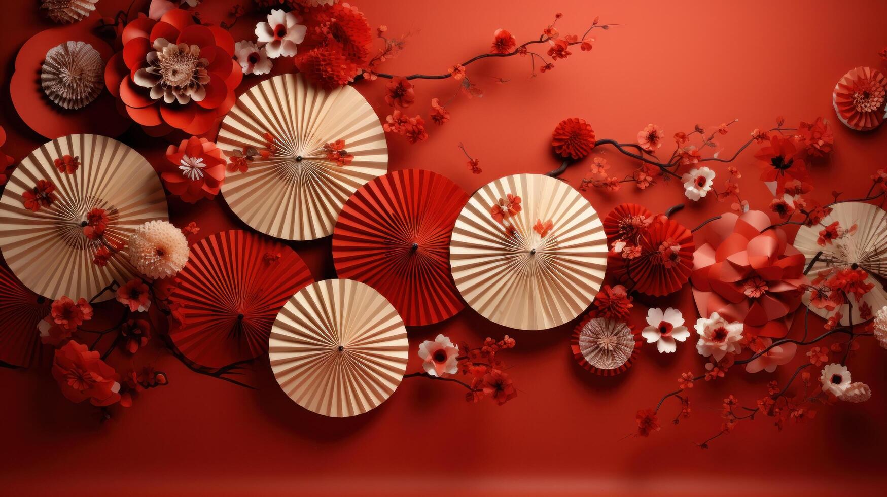 AI generated red wall filled with paper fans and other chinese decorations photo