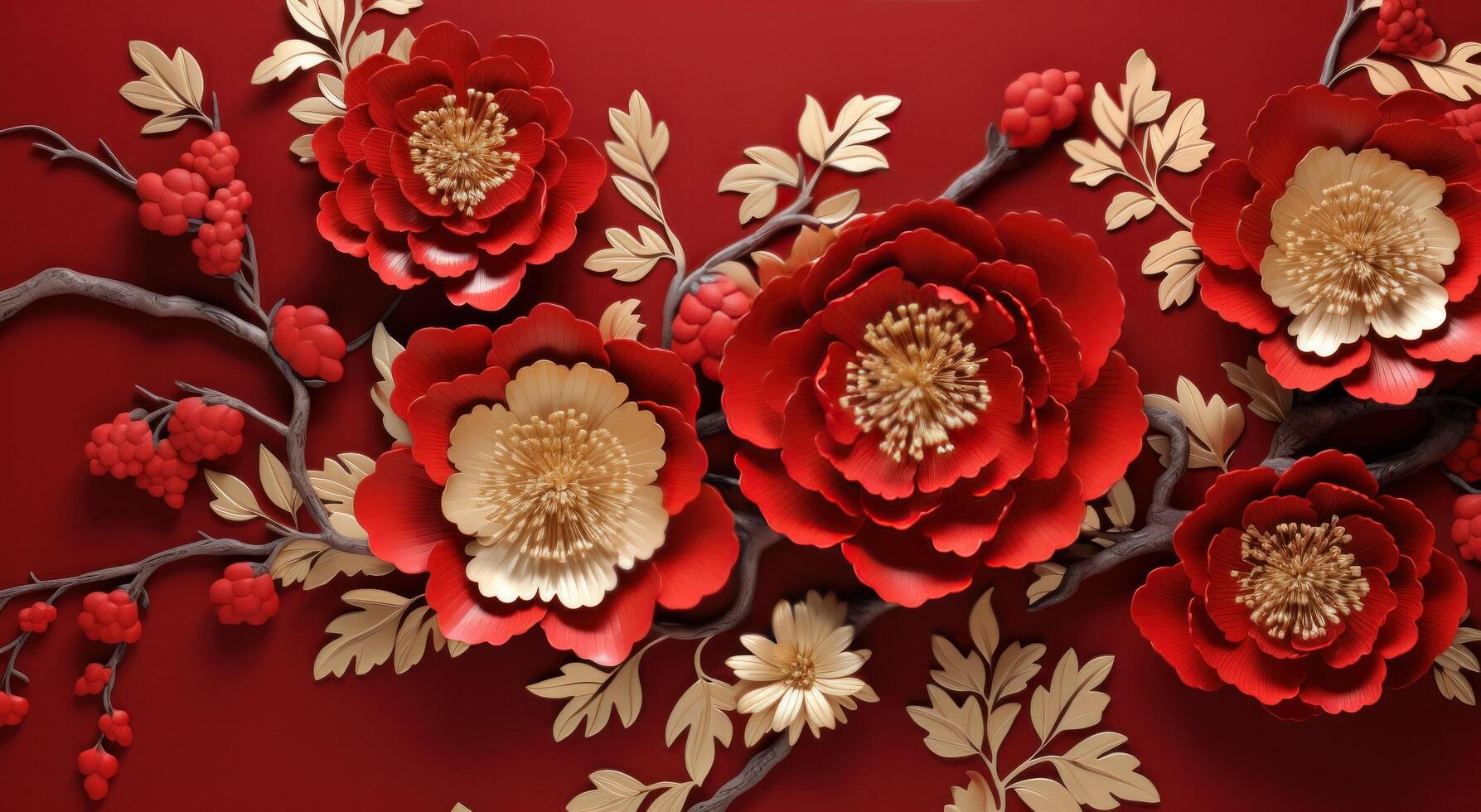 AI generated red and gold chinese paper floral background background pattern photo