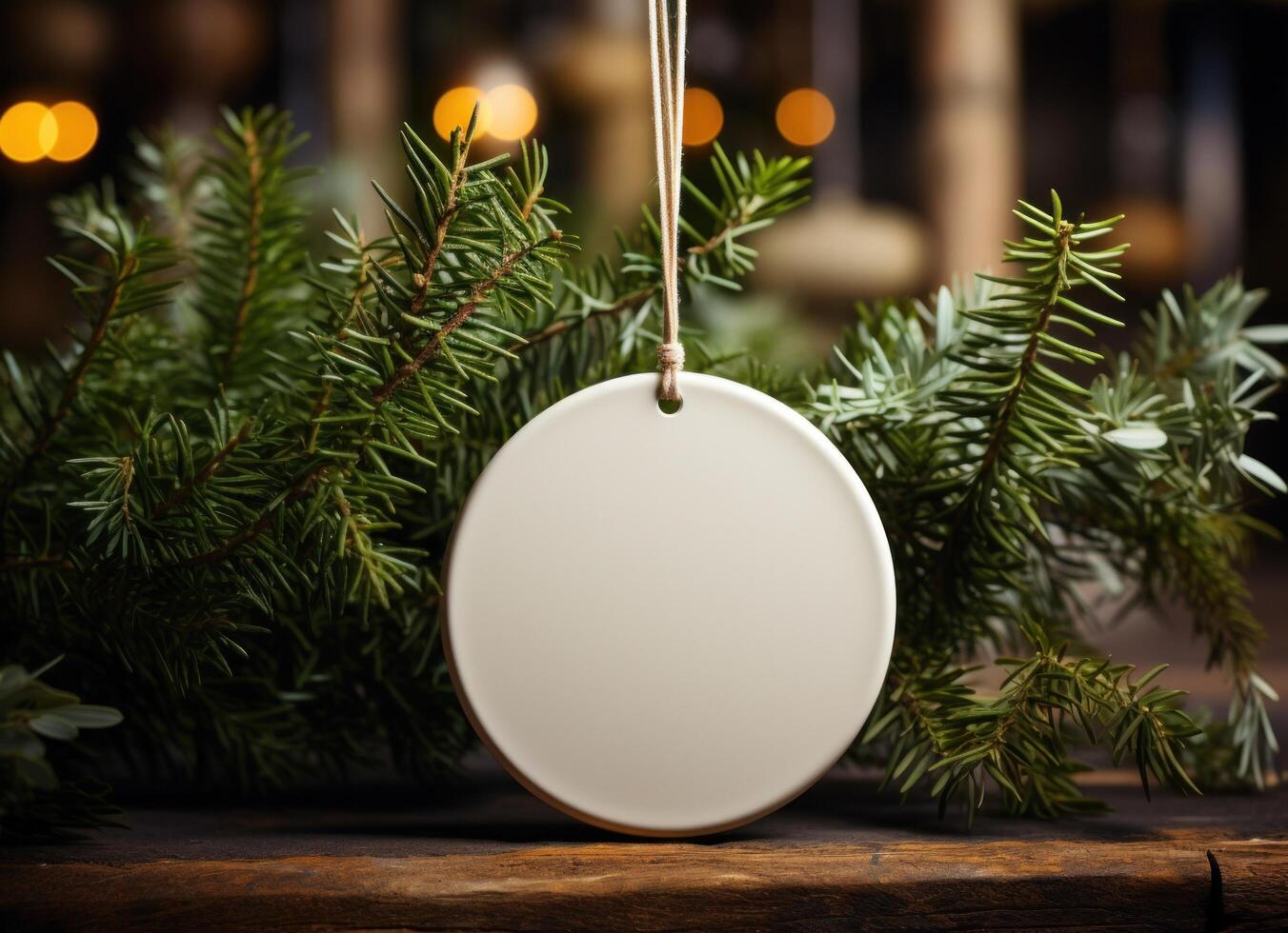 AI generated round white tag hanging on green branches photo