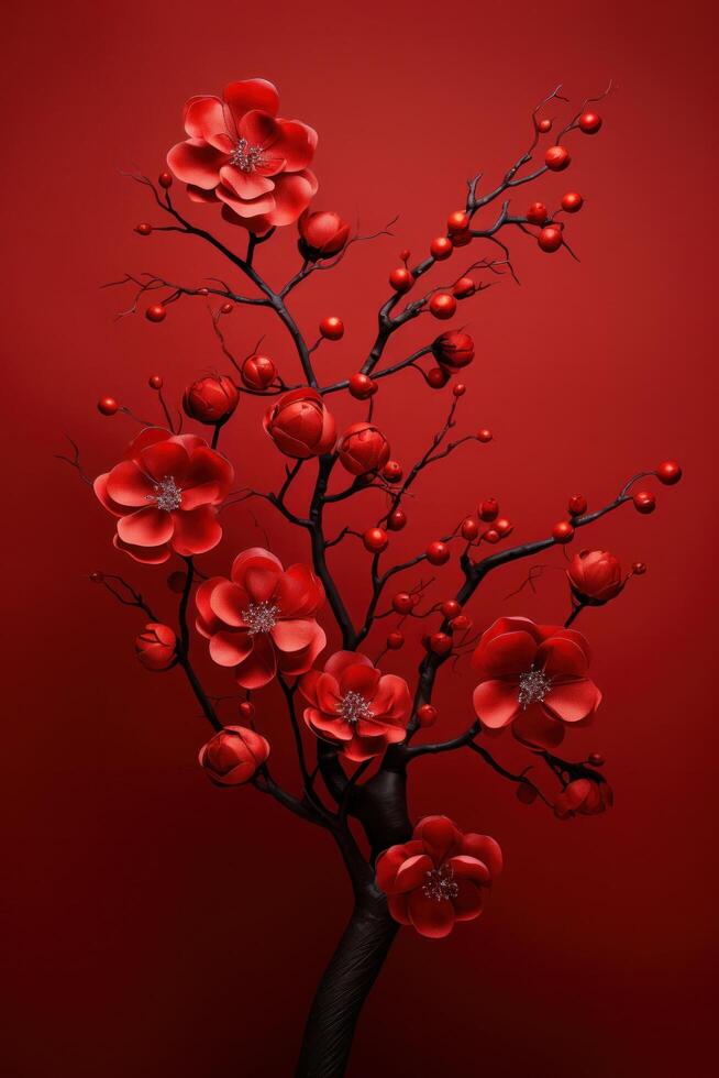 AI generated red tree with flower in the winter on red background photo