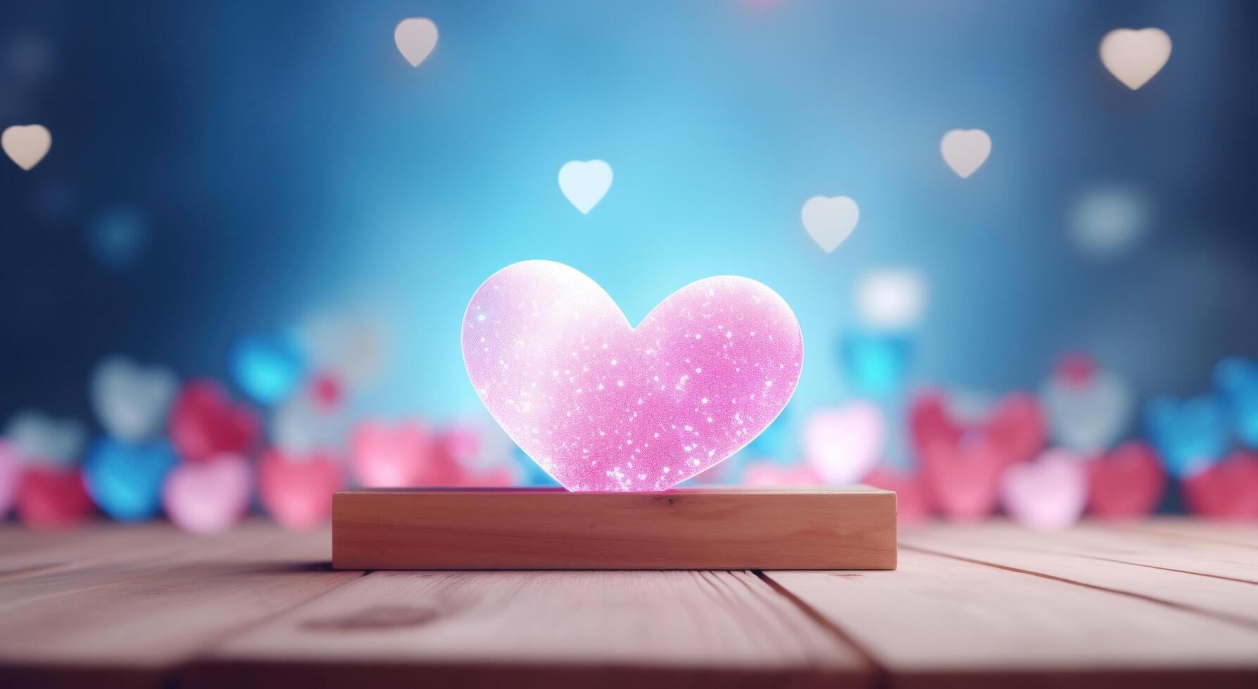 AI generated pink and blue heartshaped background wooden frame on bokeh background photo