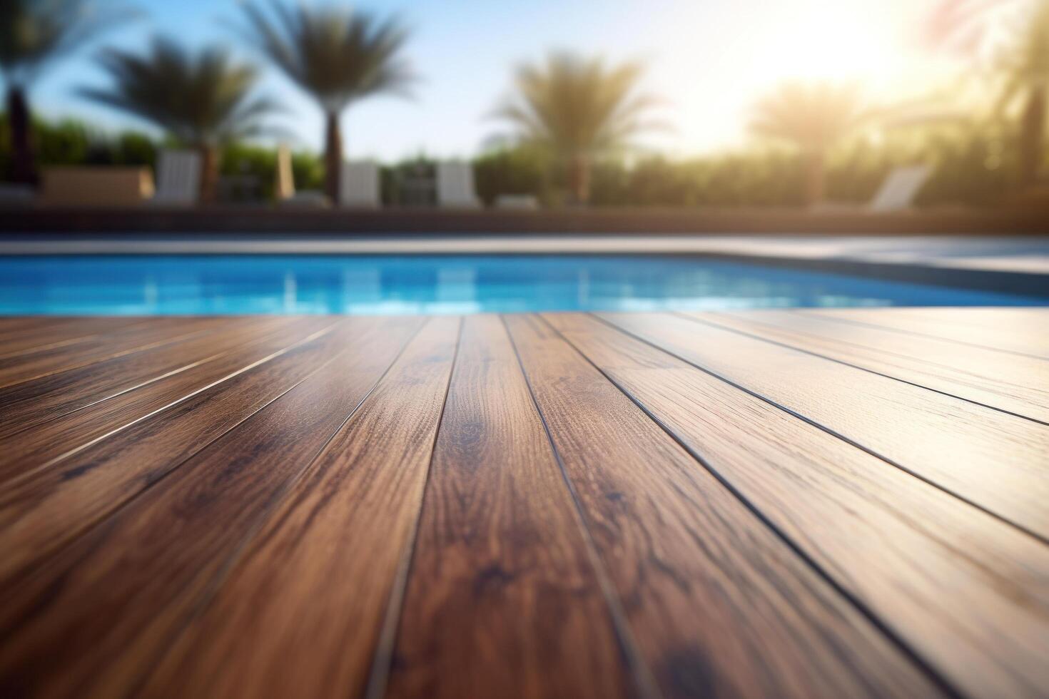 AI generated swimming pool with wooden deck photo