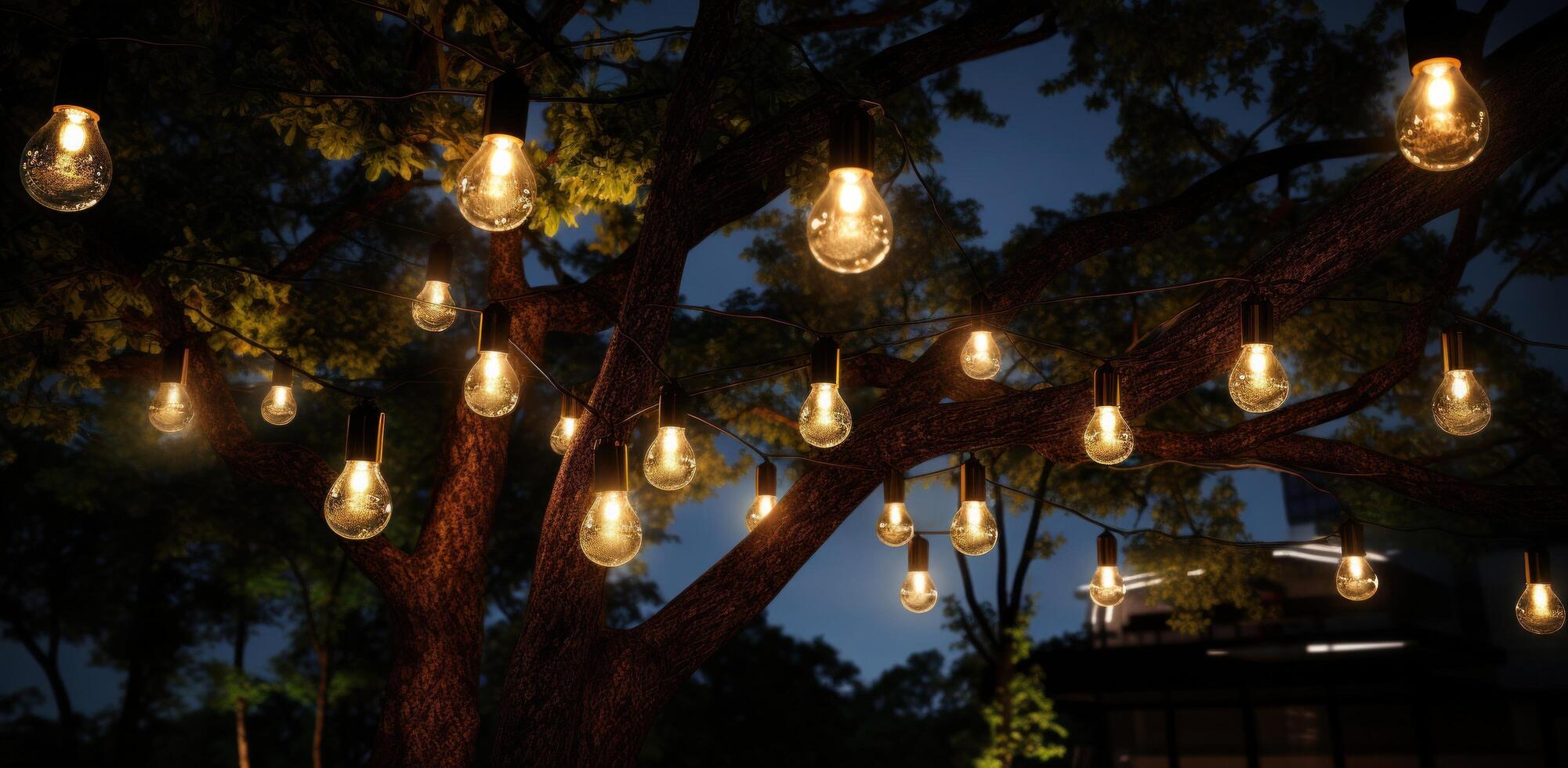 AI generated string lights with lights around a tree photo