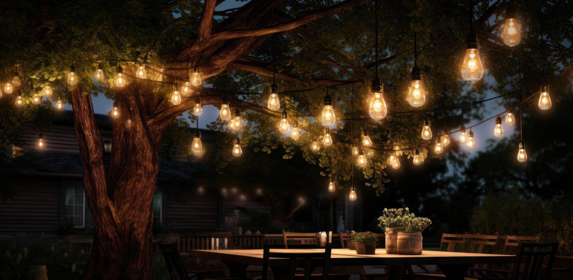 AI generated string lights with lights around a tree photo