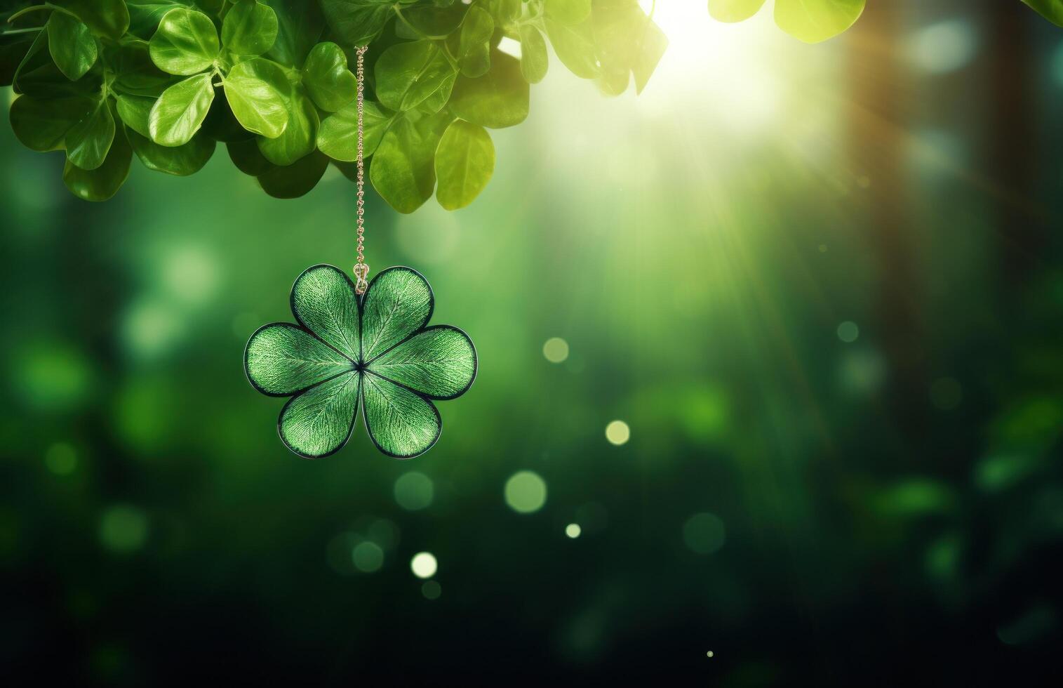 AI generated shamrock leaf hanging above green background photo