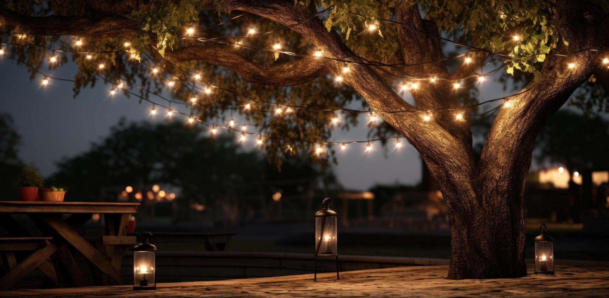 AI generated string lights with lights around a tree photo