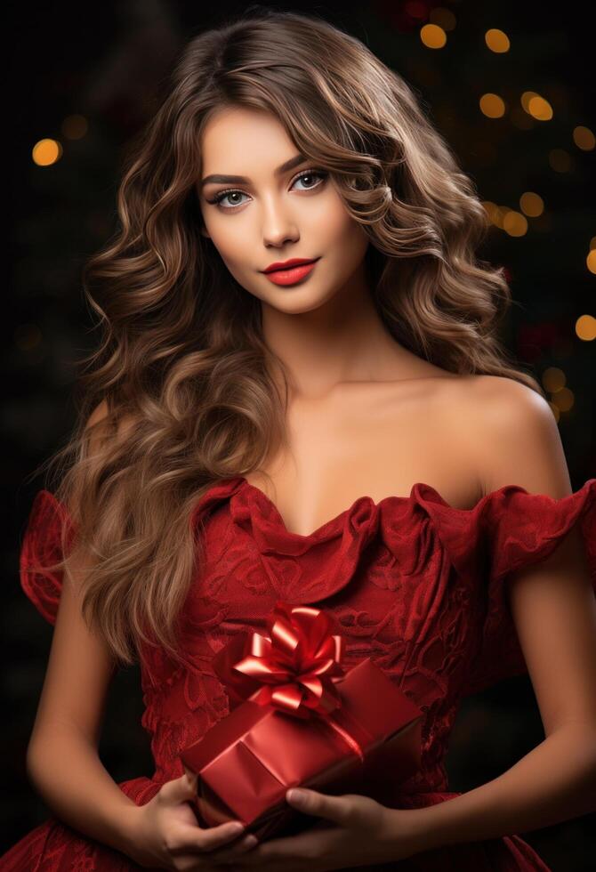 AI generated the beautiful female model is holding a red gift photo