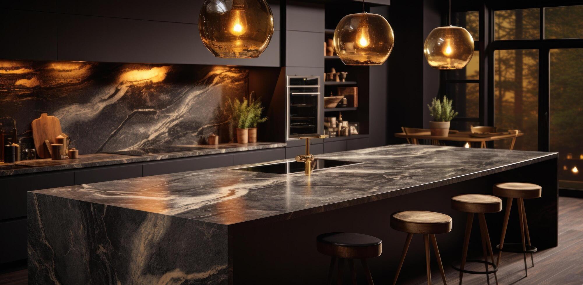 AI generated polished black marble countertop with pendant lighting in a classic modern kitchen photo