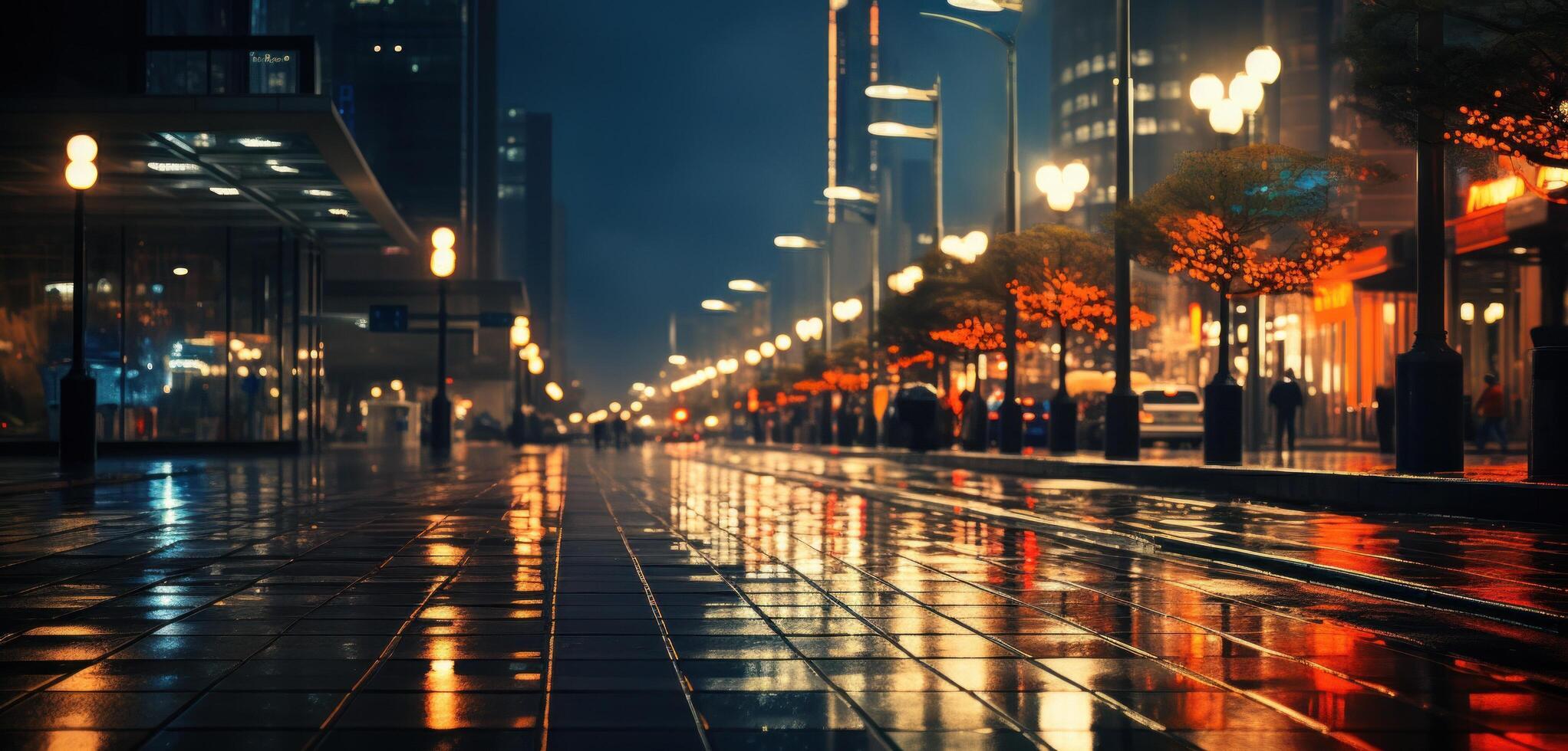 AI generated the lights of lights on street in city rain photo